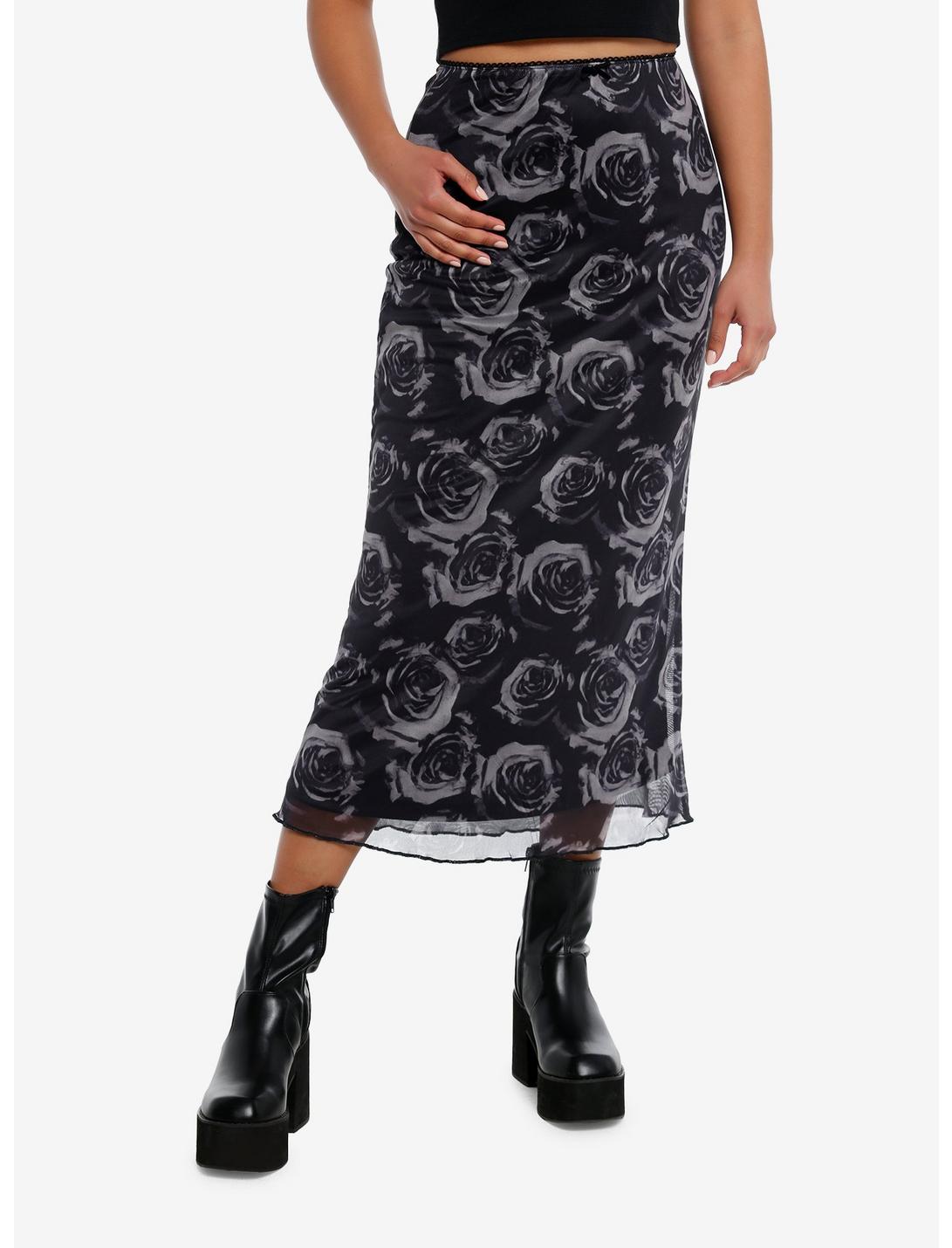 Cosmic Aura® Black & Grey Roses Midi Skirt, BLACK, hi-res
