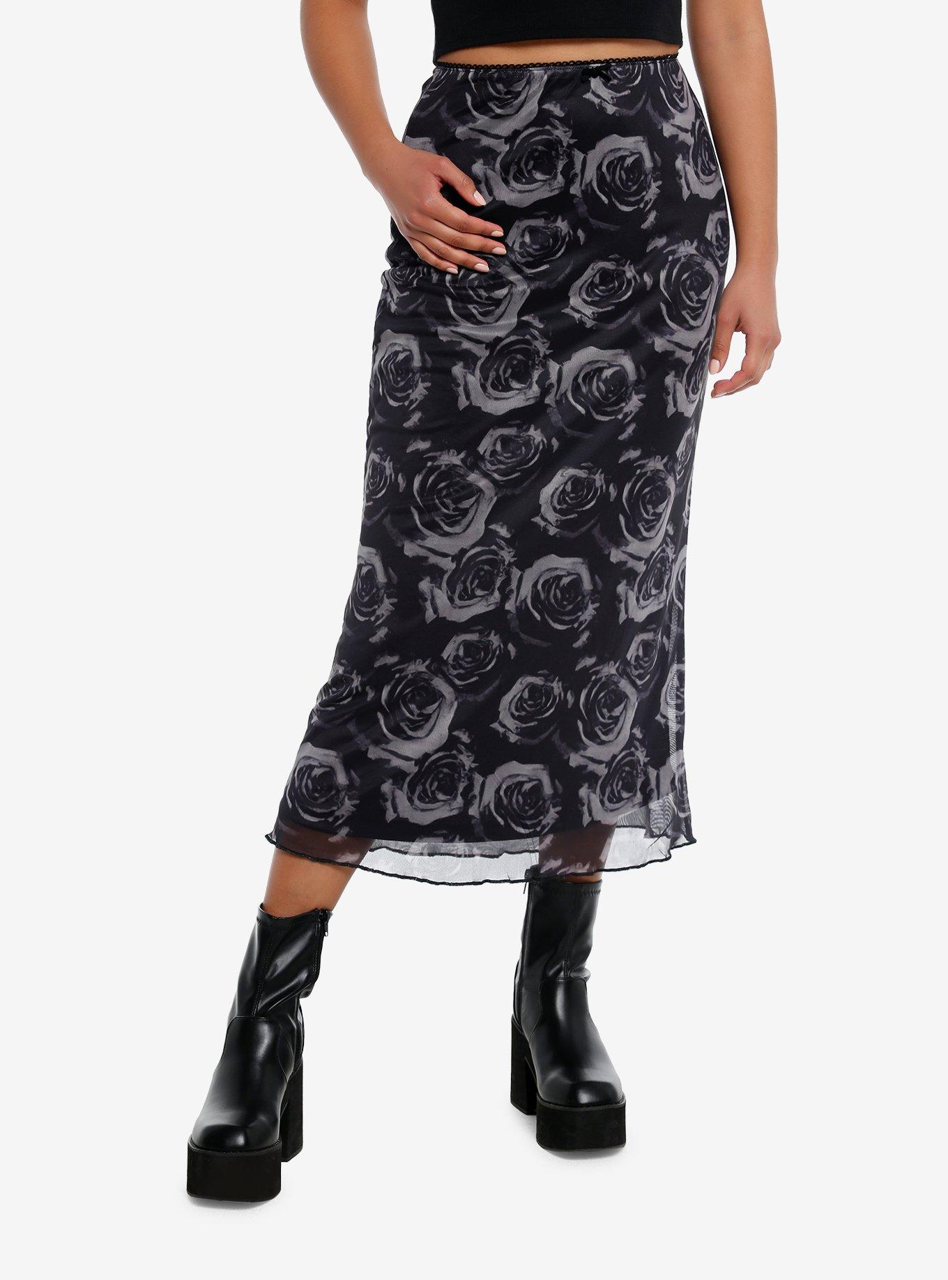 Cosmic Aura® Black & Grey Roses Midi Skirt, BLACK, hi-res