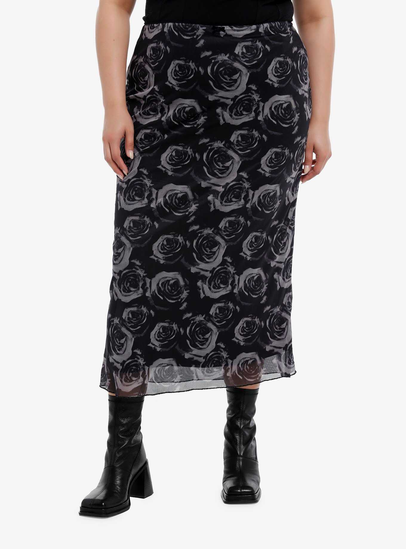 Cosmic Aura® Black & Grey Roses Midi Skirt, , hi-res