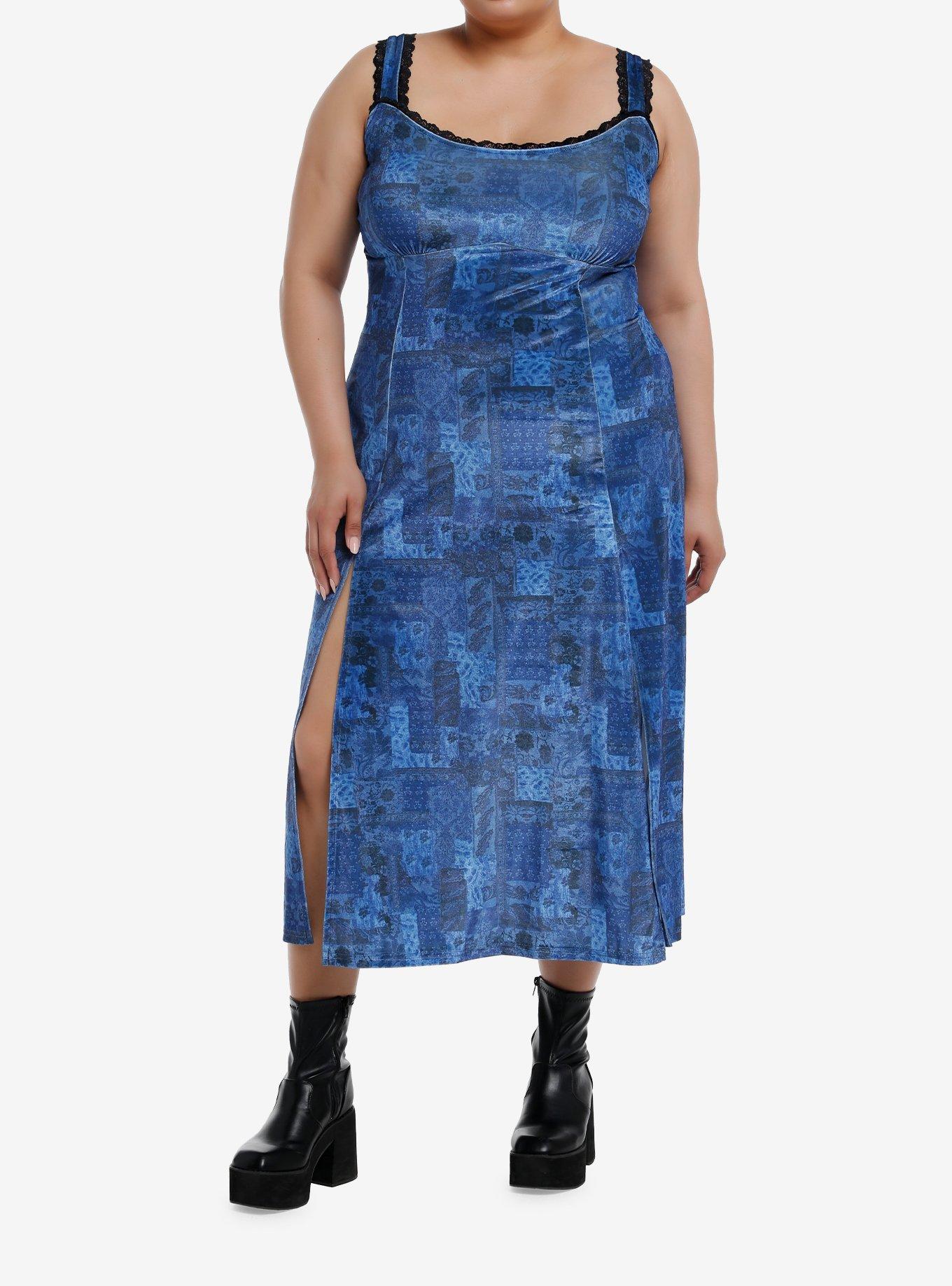 Cosmic Aura Blue Paisley Patchwork Midi Dress Plus Size, NAVY, hi-res