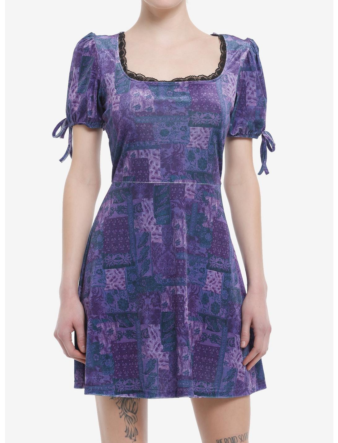 Social Collision Purple & Blue Patchwork Velvet Dress, PURPLE, hi-res