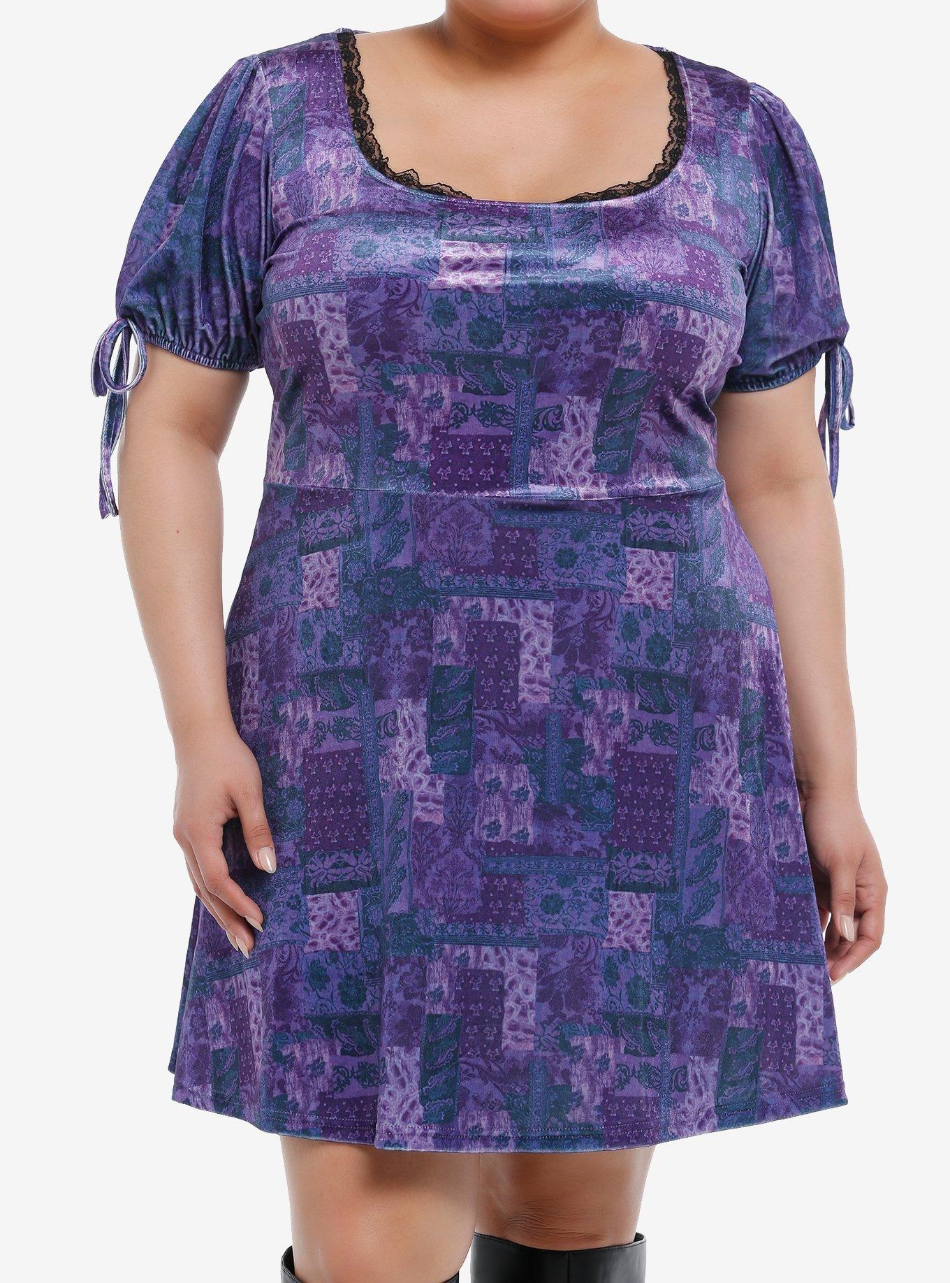 Purple & Blue Patchwork Velvet Dress Plus Size, , hi-res