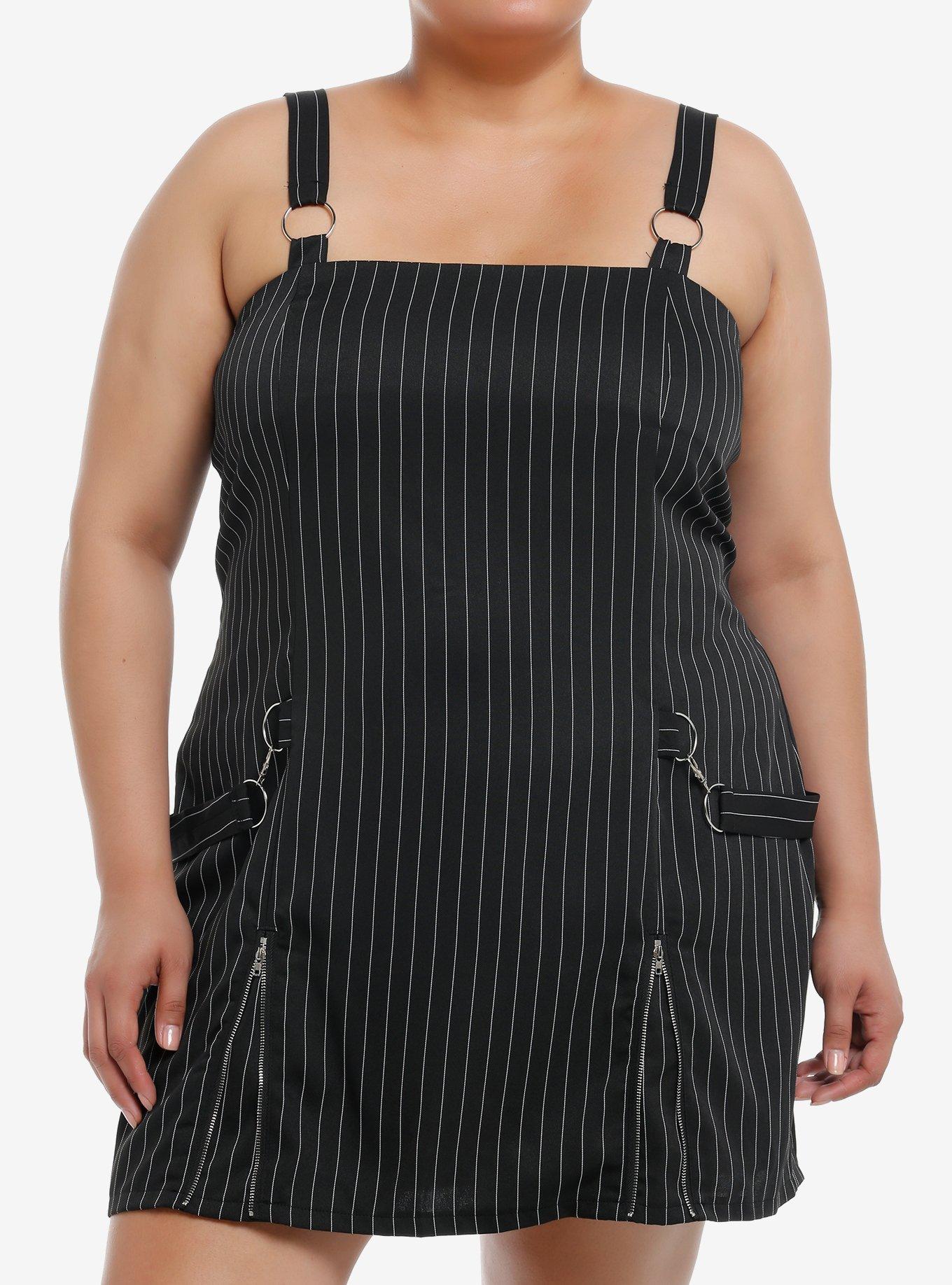 Black Pinstripe Hardware Mini Dress Plus Size, , hi-res