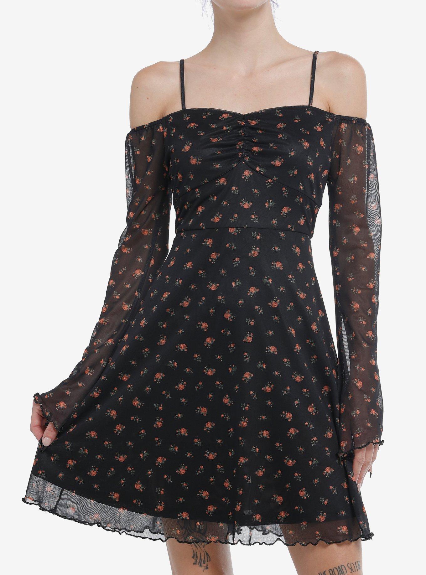 Thorn & Fable Floral Mesh Cold Shoulder Bell Sleeve Dress