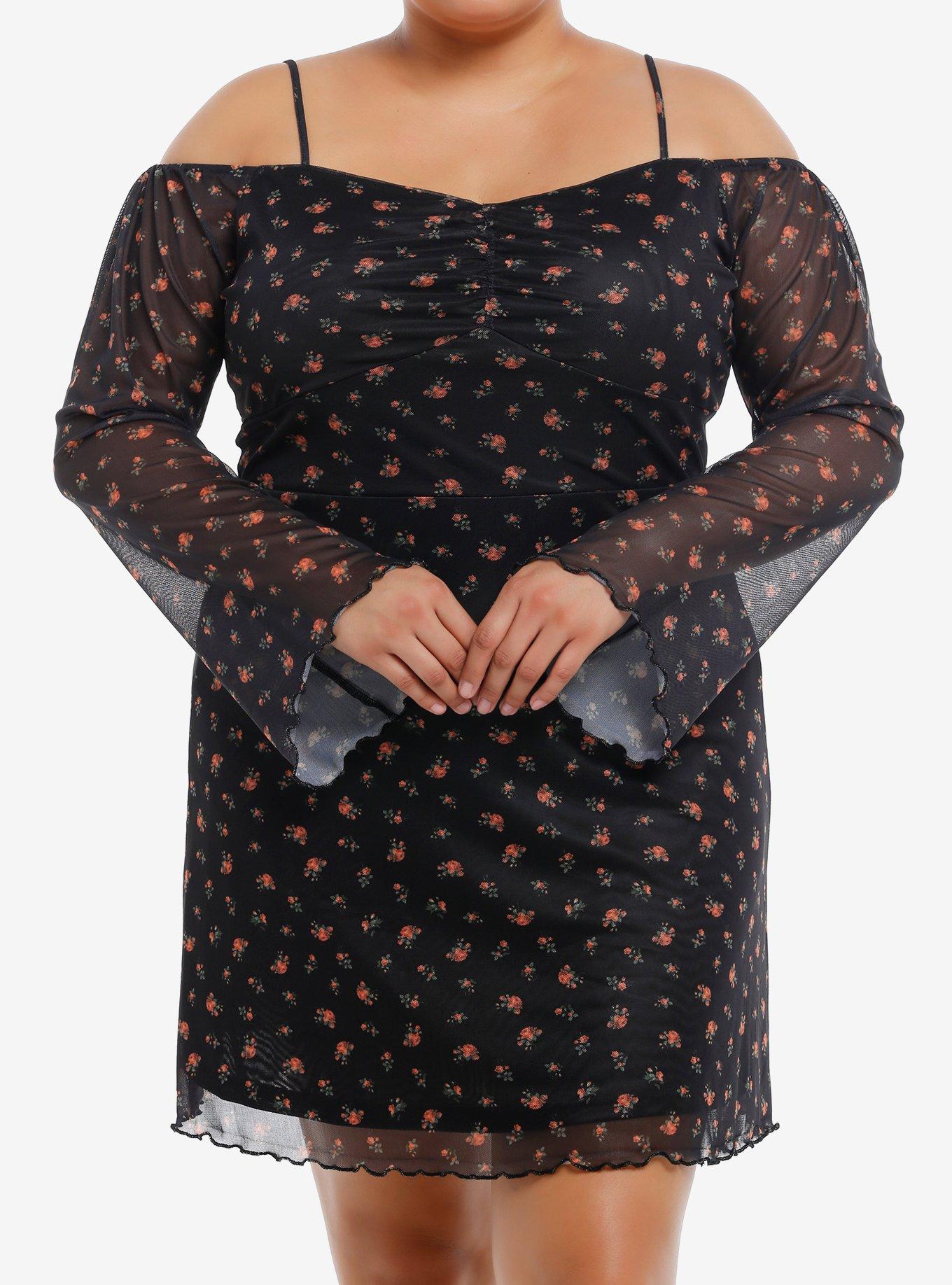 Thorn & Fable Floral Mesh Cold Shoulder Bell Sleeve Dress Plus Size, , hi-res