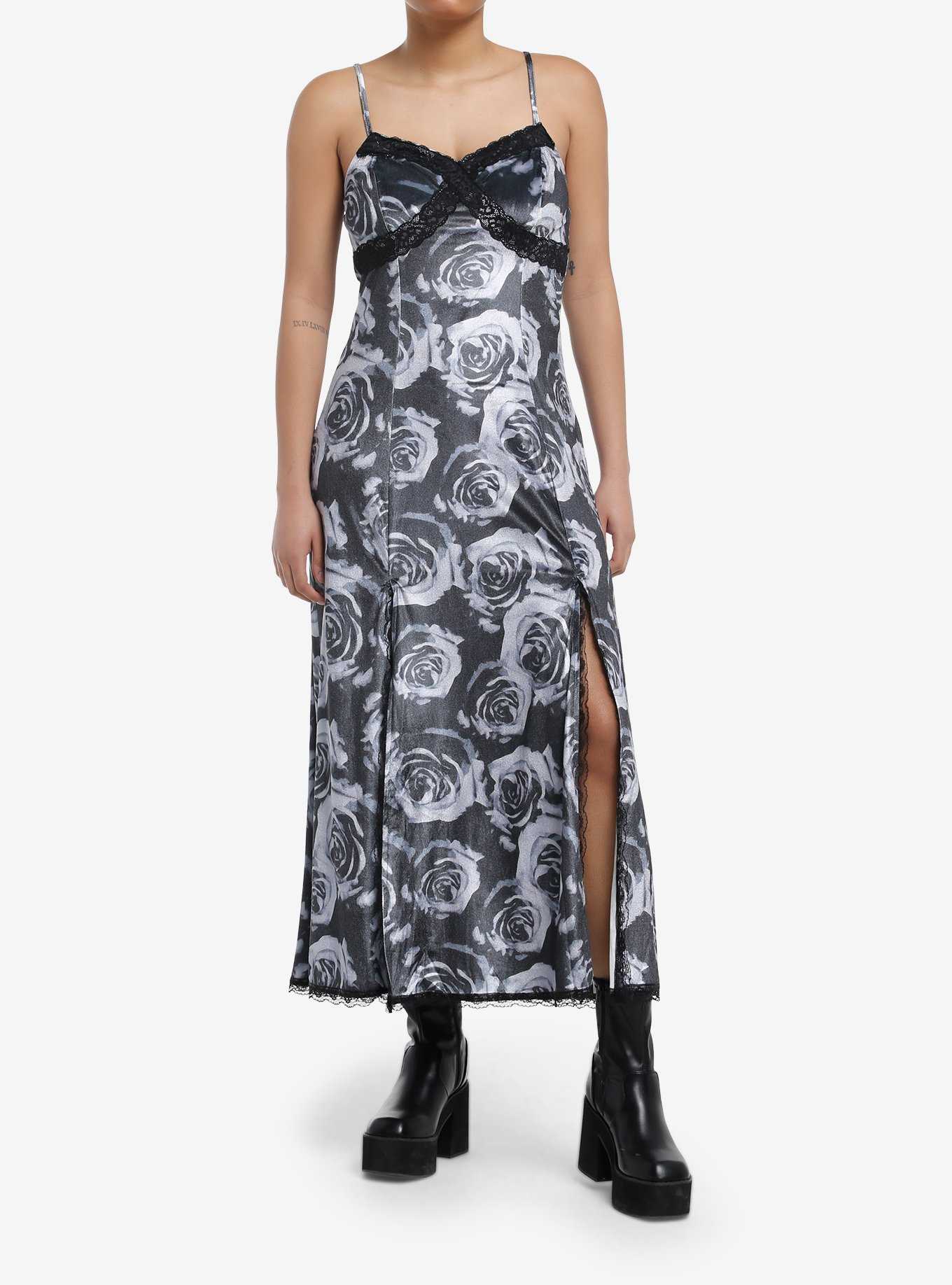Thorn & Fable Grey Rose Lace Slit Maxi Dress, , hi-res