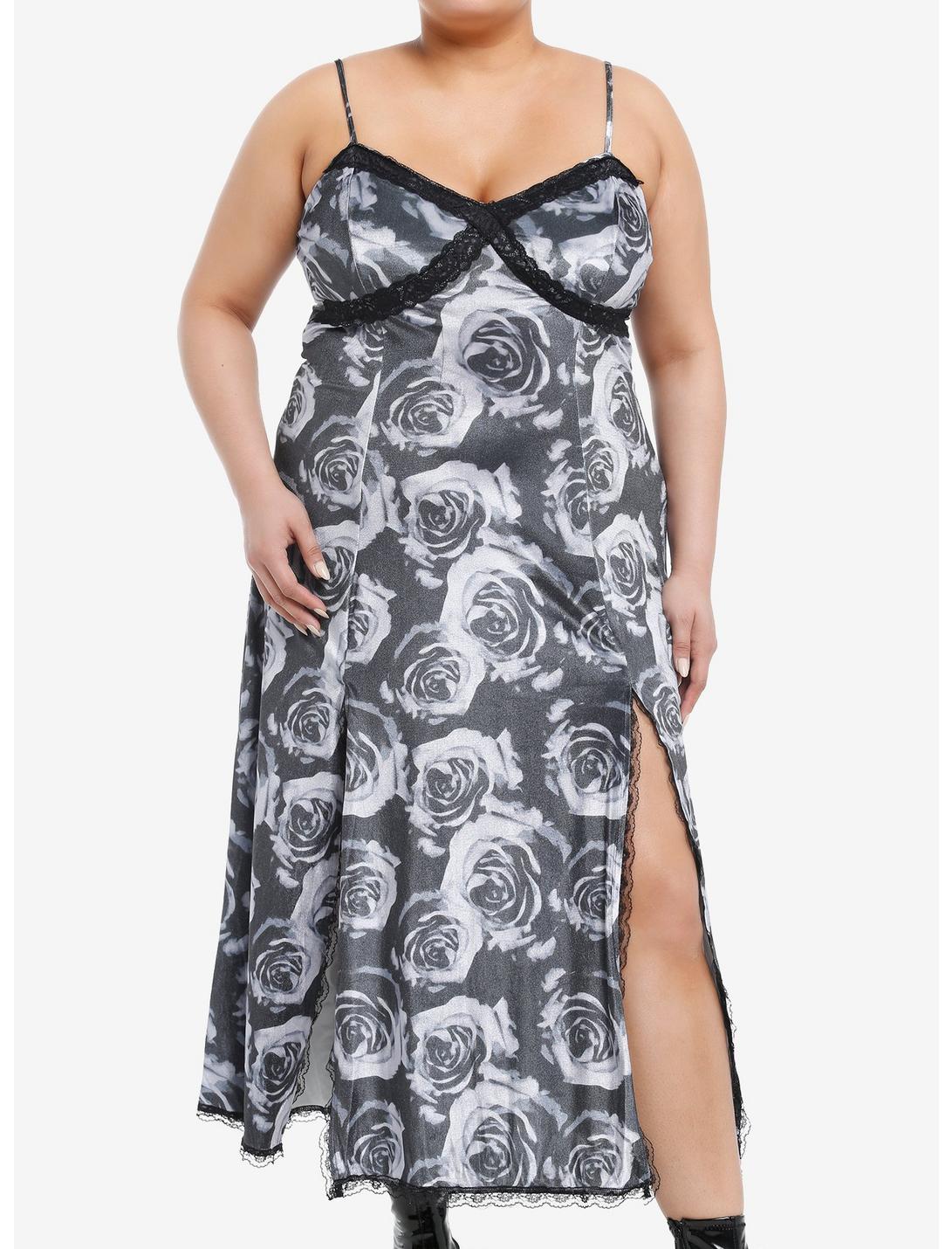 Thorn & Fable Grey Rose Lace Slit Maxi Dress Plus Size, PURPLE, hi-res