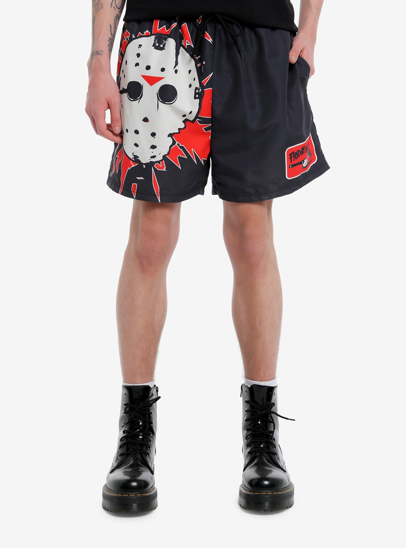 Friday The 13th Jason Mask Nylon Shorts, RED, hi-res