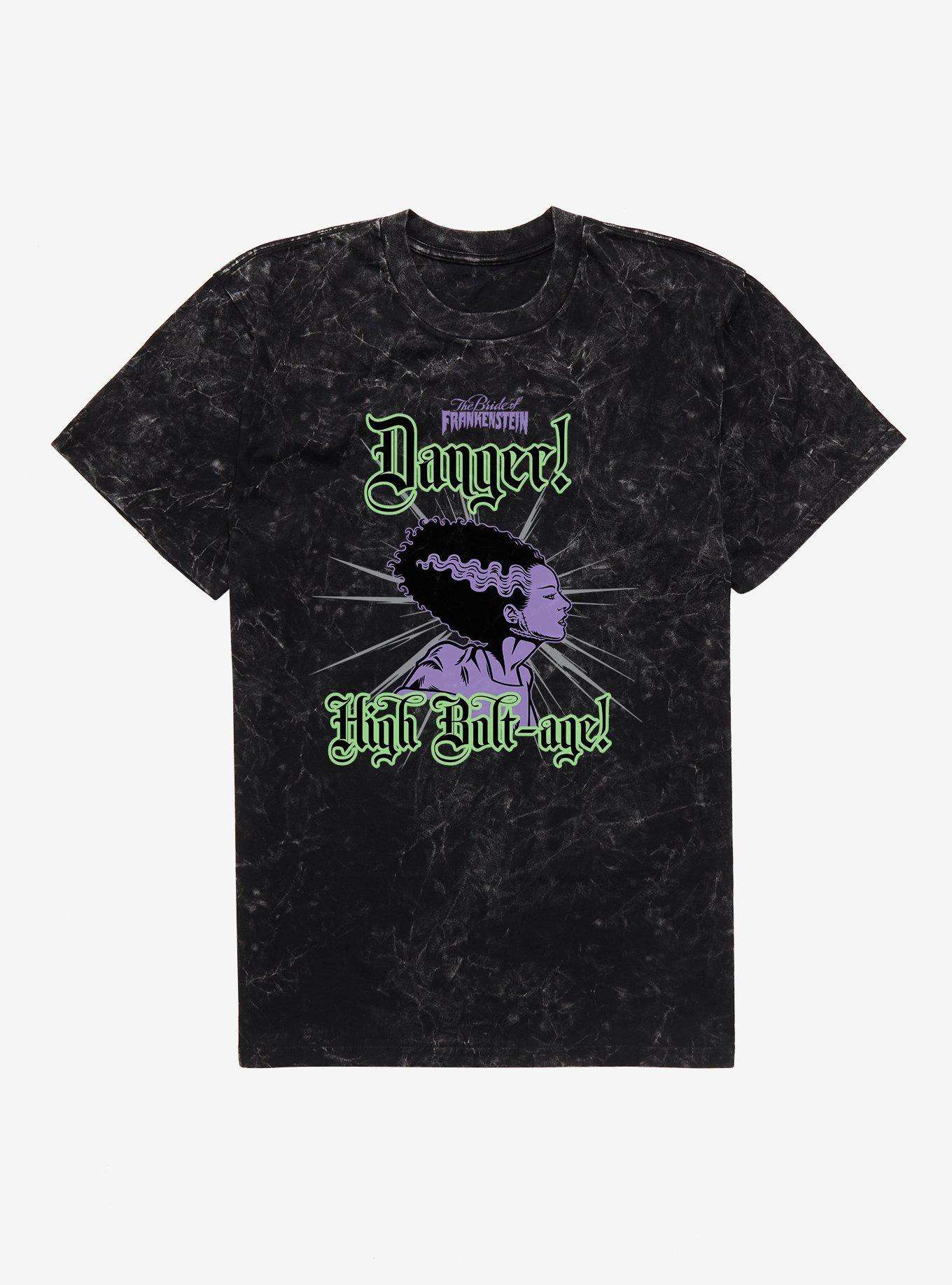Bride Of Frankenstein Danger High Bolt-age Mineral Wash T-Shirt, BLACK MINERAL WASH, hi-res