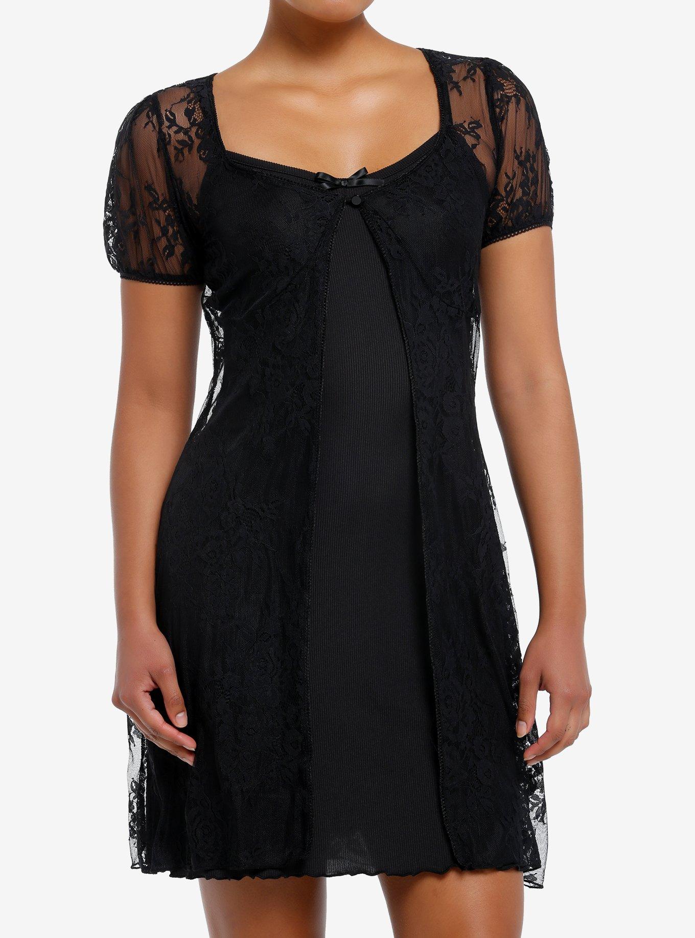 Cosmic Aura Open Front Black Lace Dress, BLACK, hi-res