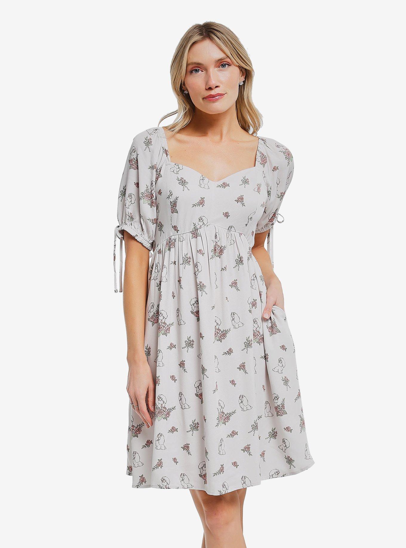 Disney Lady and the Tramp Floral Lady Allover Print Dress - BoxLunch Exclusive, OFF WHITE, hi-res