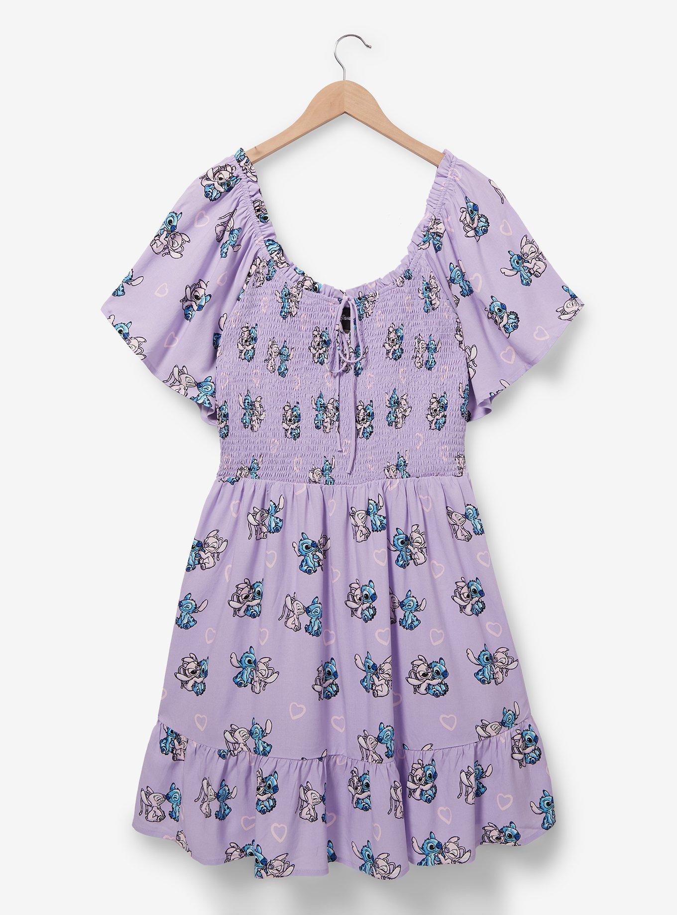 Disney Lilo & Stitch Angel Allover Print Smocked Plus Size Dress — BoxLunch Exclusive, LILAC, hi-res
