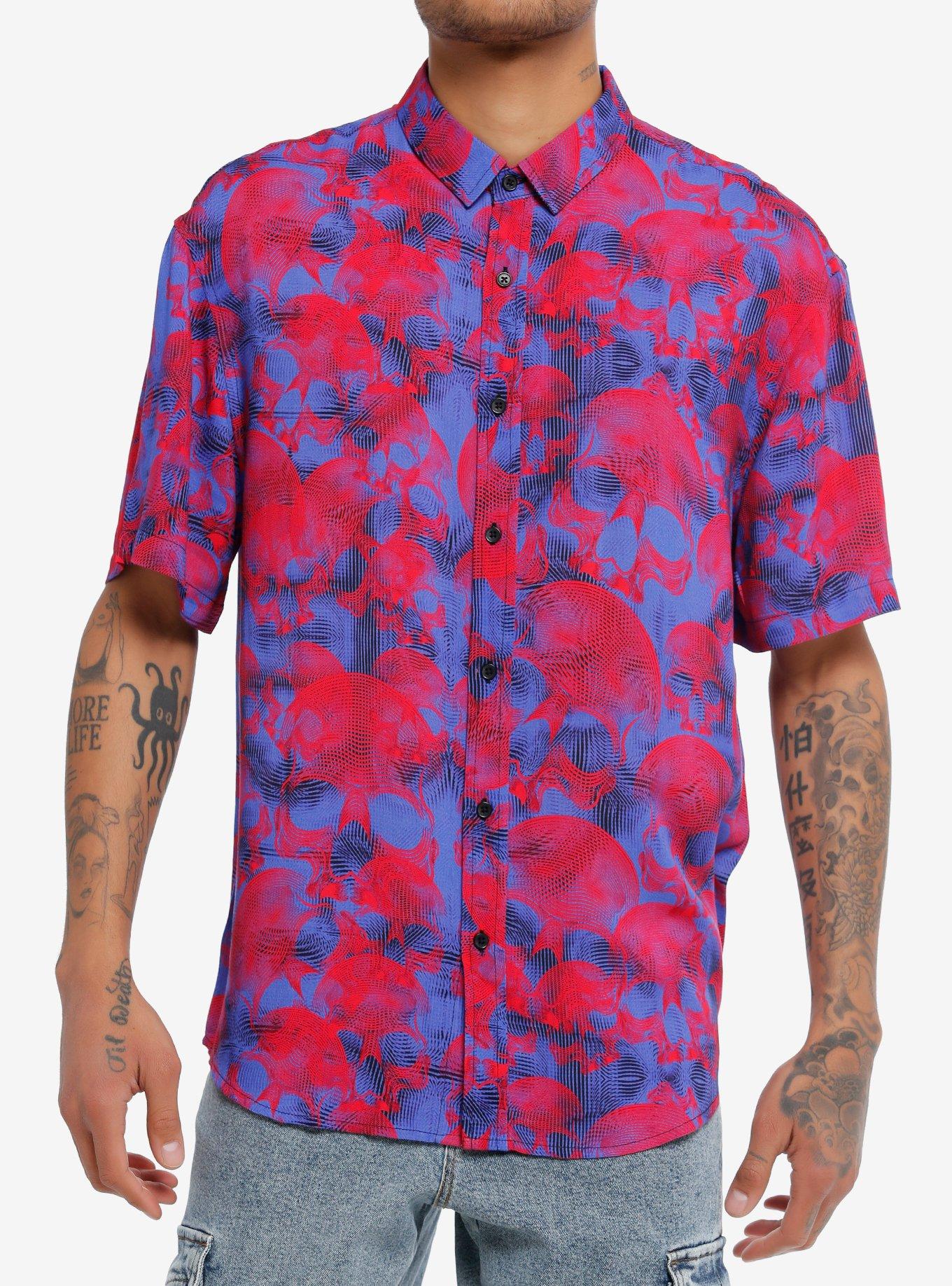 Pink Floating Skulls Woven Button-Up, BLUE, hi-res