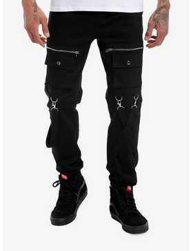 Black Thigh Pocket & Suspender Jogger Pants, , hi-res