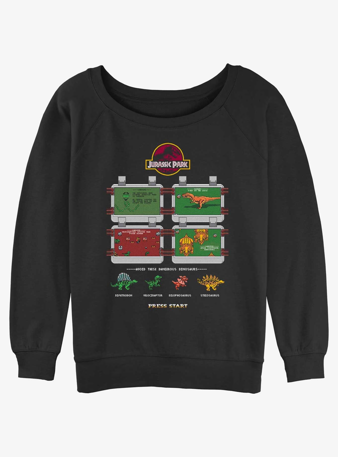 Jurassic Park 8 Bit Instructional Girls Slouchy Sweatshirt, BLACK, hi-res