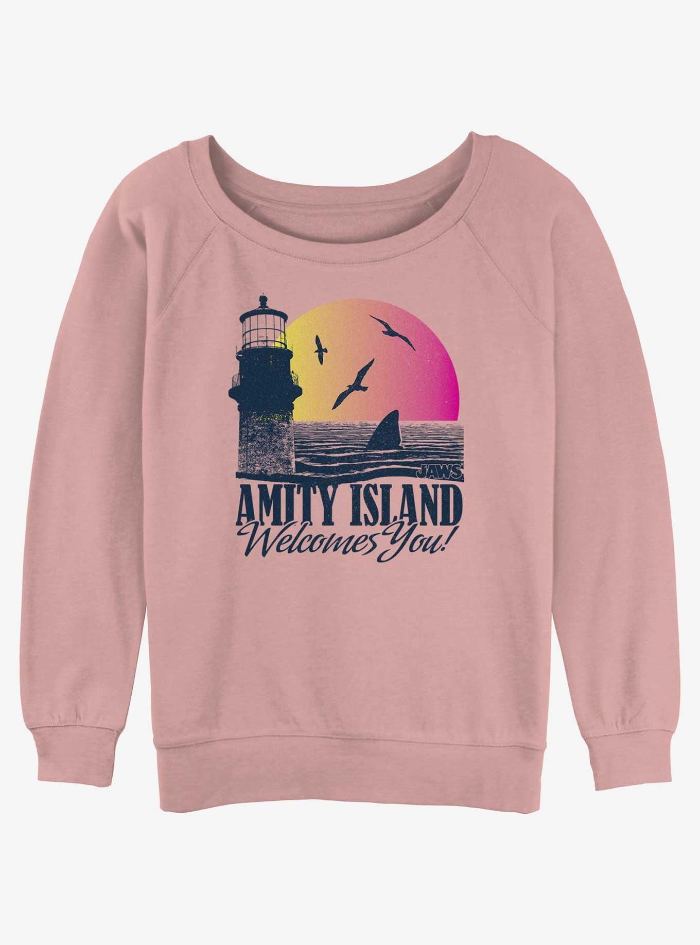 Jaws Amity Island Welcomes You Girls Slouchy Sweatshirt, DESERTPNK, hi-res
