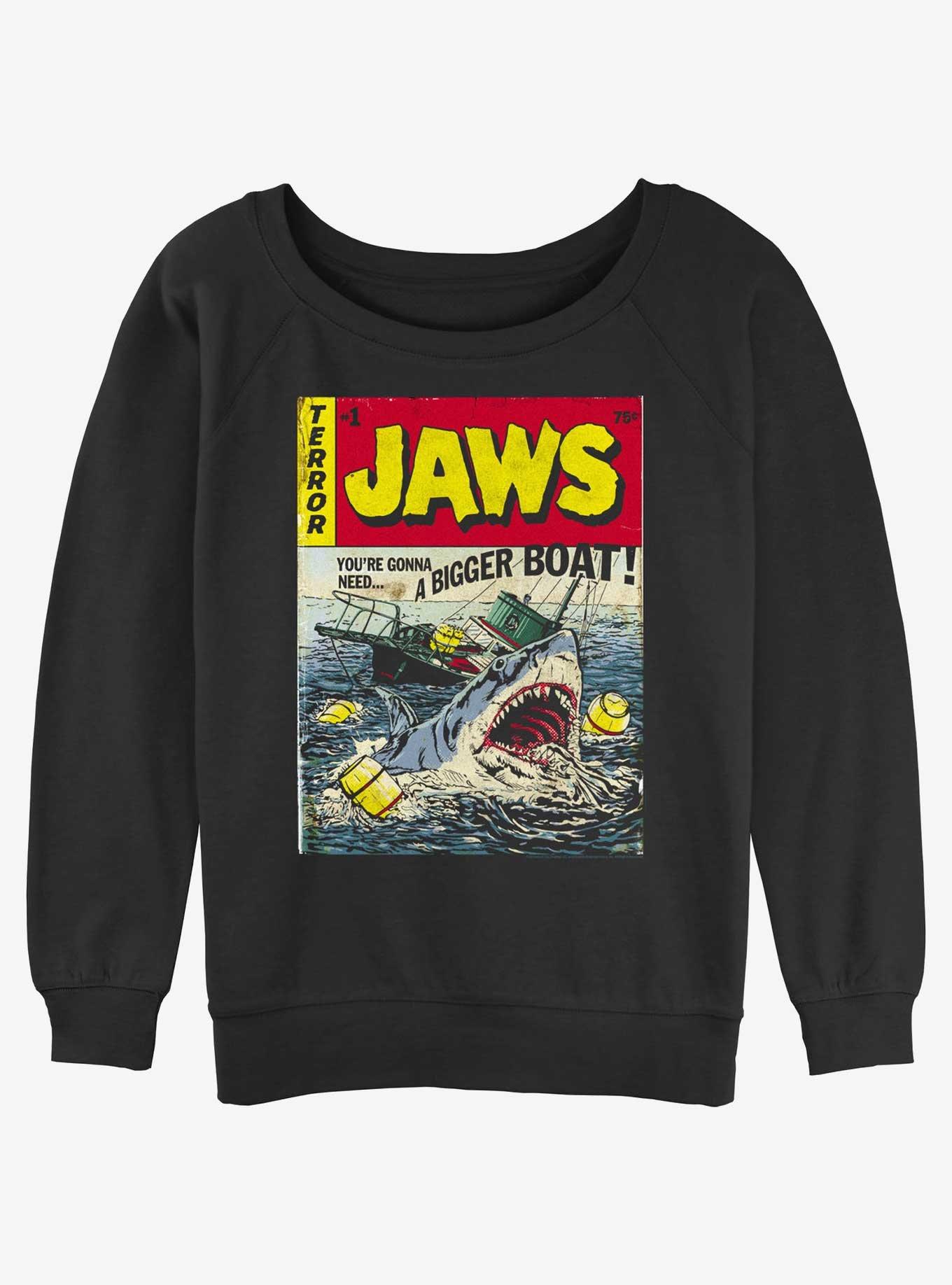 Jaws Shark Attack Need A Bigger Boat Girls Slouchy Sweatshirt, BLACK, hi-res