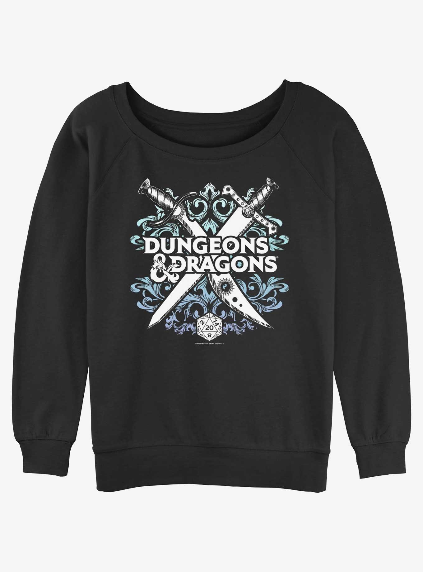 Dungeons & Dragons Decorative Crossed Weapons Logo Girls Slouchy Sweatshirt, BLACK, hi-res