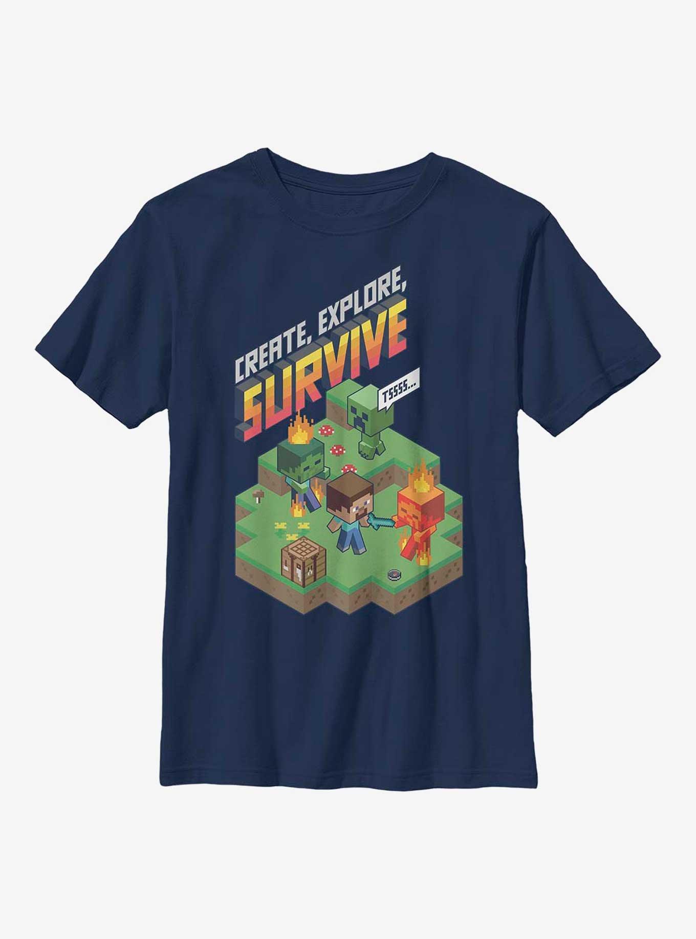 Minecraft Create Explore Survive Iso Youth T-Shirt, NAVY, hi-res