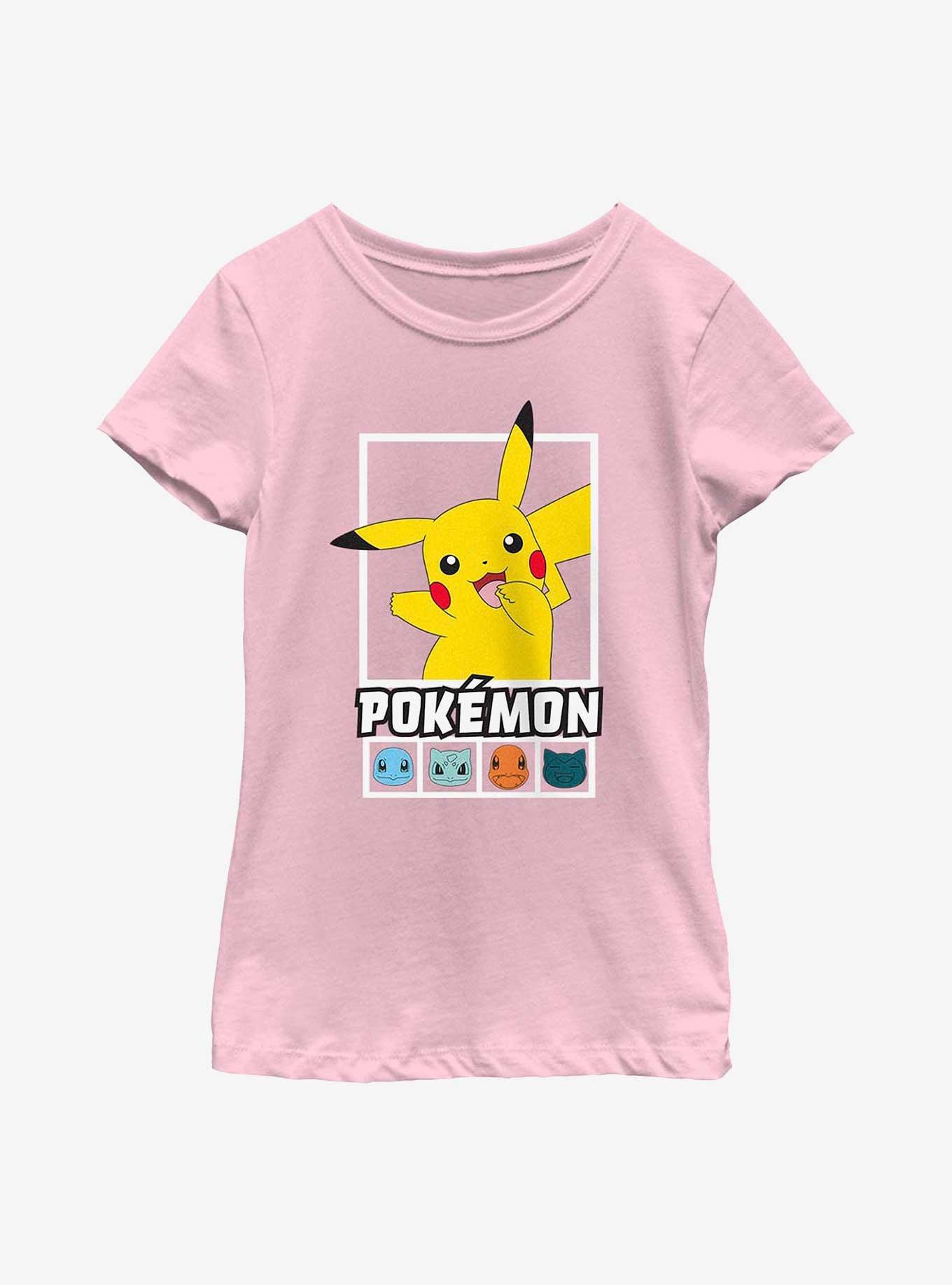 Pokemon Battle Lineup Pikachu, Squirtle, Bulbasaur, Charmander, & Snorlax Cowl Neck Long-Sleeve Top, PINK, hi-res