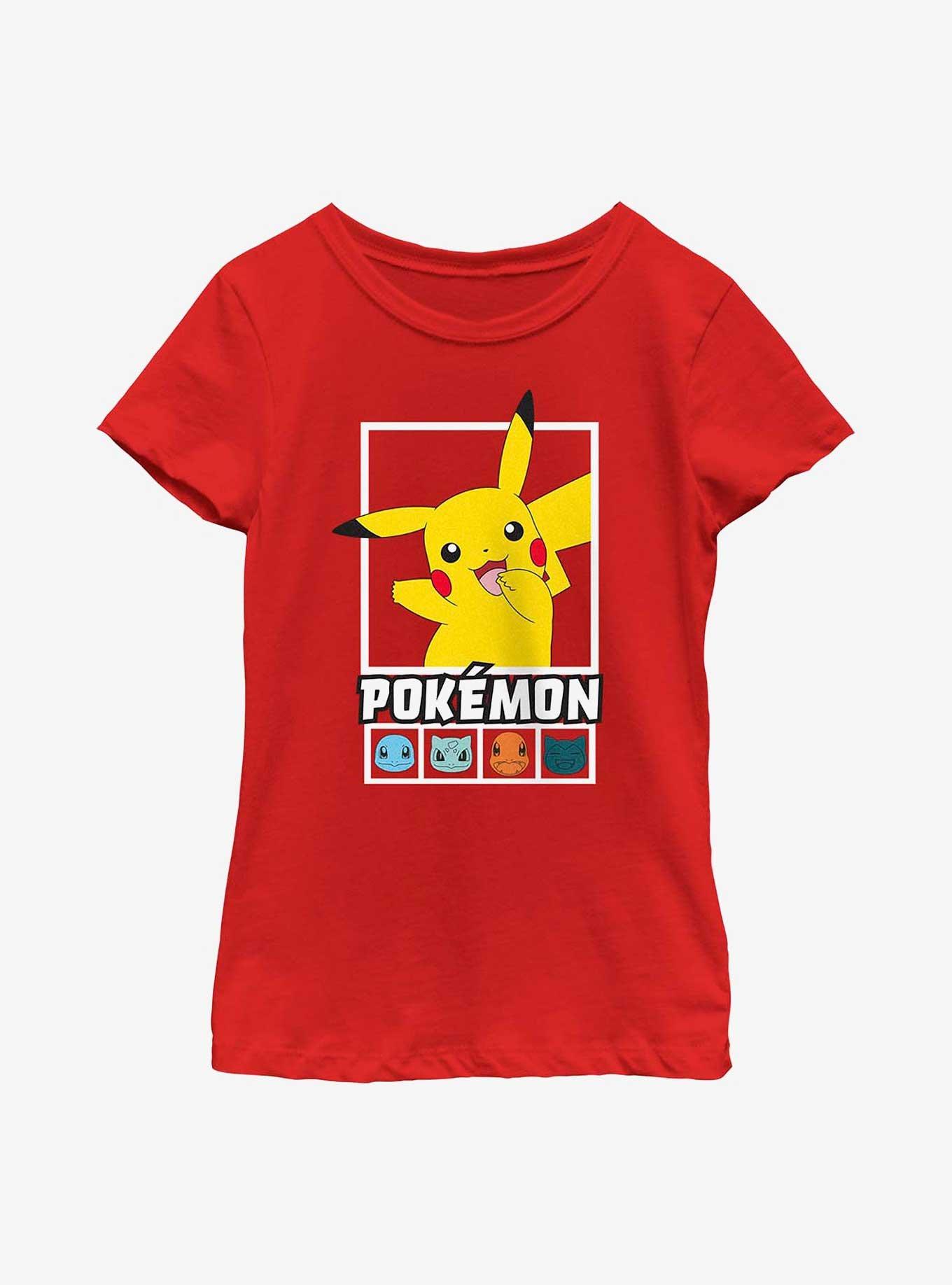 Pokemon Battle Lineup Pikachu, Squirtle, Bulbasaur, Charmander, & Snorlax Cowl Neck Long-Sleeve Top, RED, hi-res