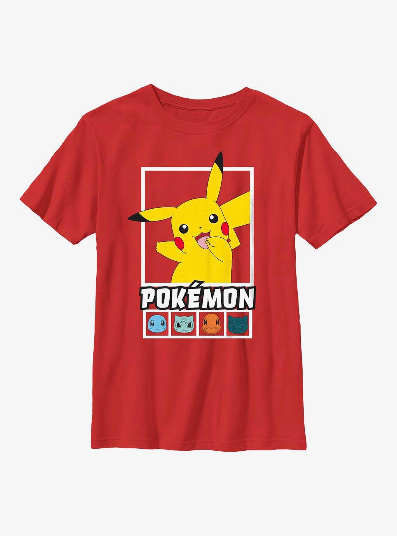 Pokemon Battle Lineup Pikachu, Squirtle, Bulbasaur, Charmander, & Snorlax Cowl Neck Long-Sleeve Top, RED, hi-res