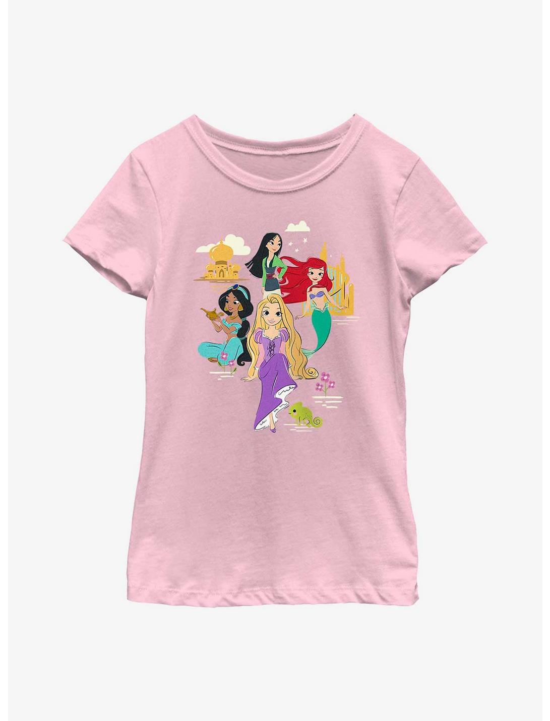 Disney Princesses Mulan, Ariel, Jasmine, Rapunzel Group Cartoon Youth Girls T-Shirt, PINK, hi-res
