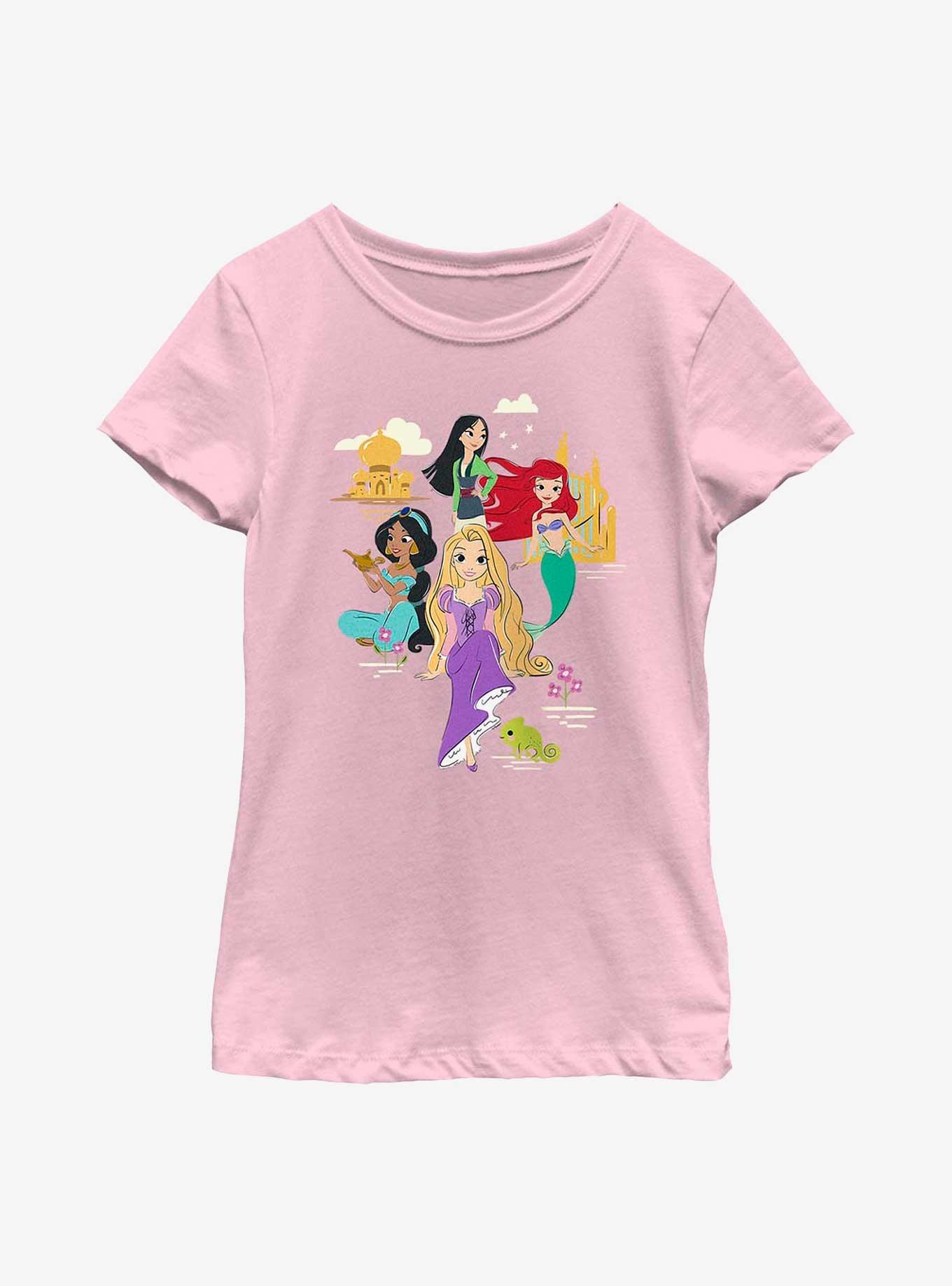 Disney Princesses Mulan, Ariel, Jasmine, Rapunzel Group Cartoon Youth Girls T-Shirt, , hi-res