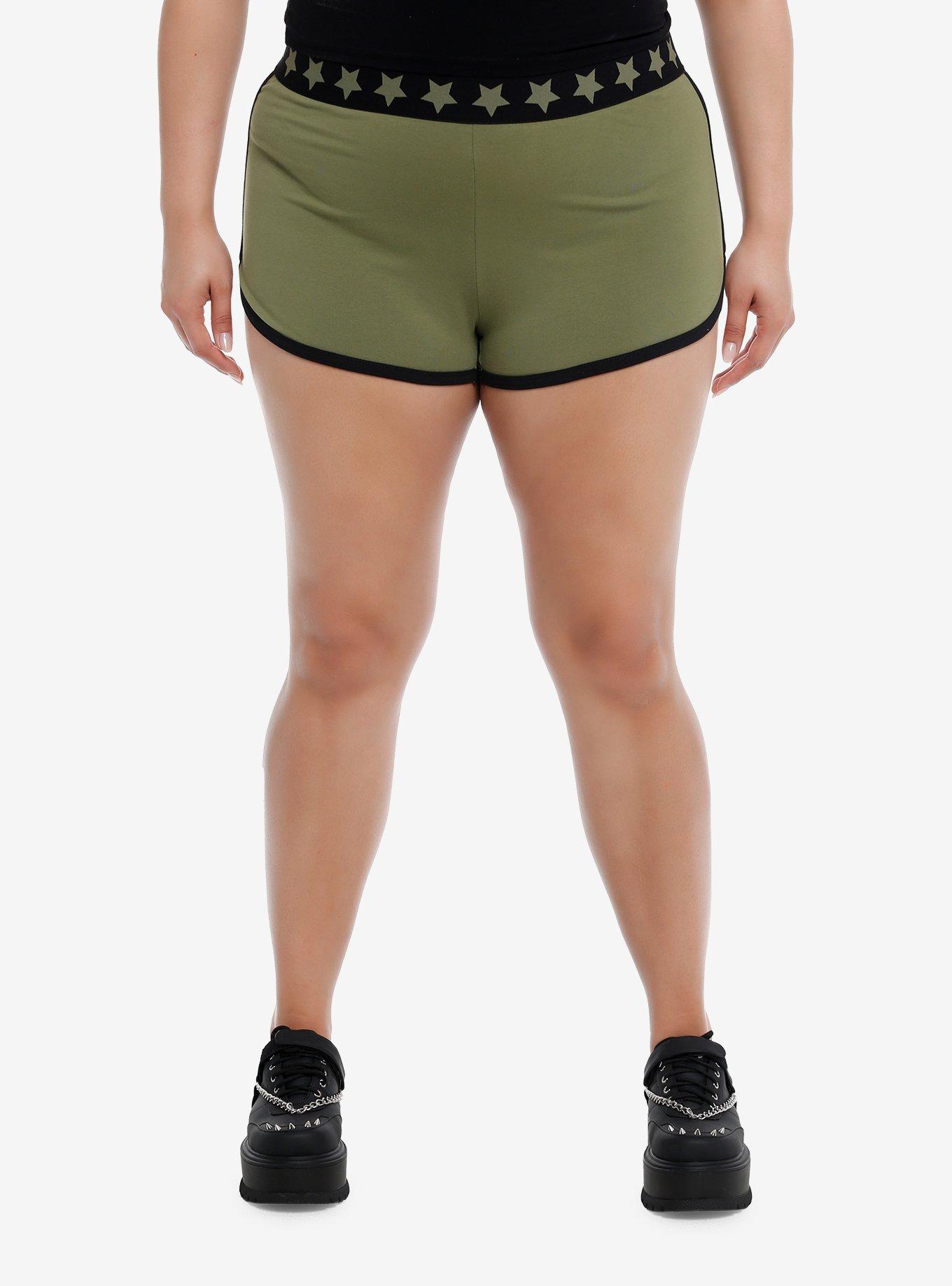 Green & Black Star Girls Lounge Shorts Plus Size, ARMY GREEN, hi-res