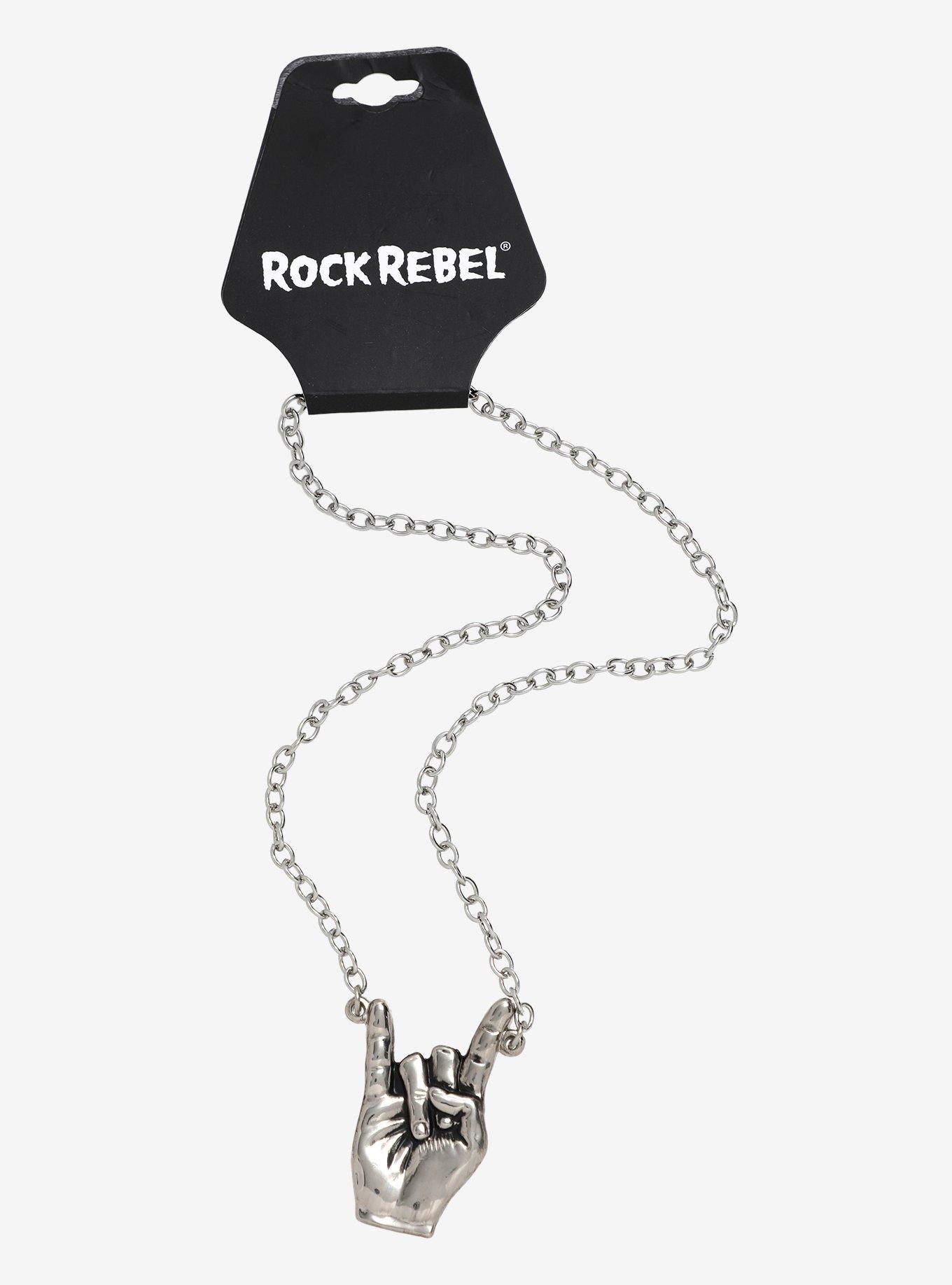 Rock Rebel Rock Hand Sign Necklace, , hi-res