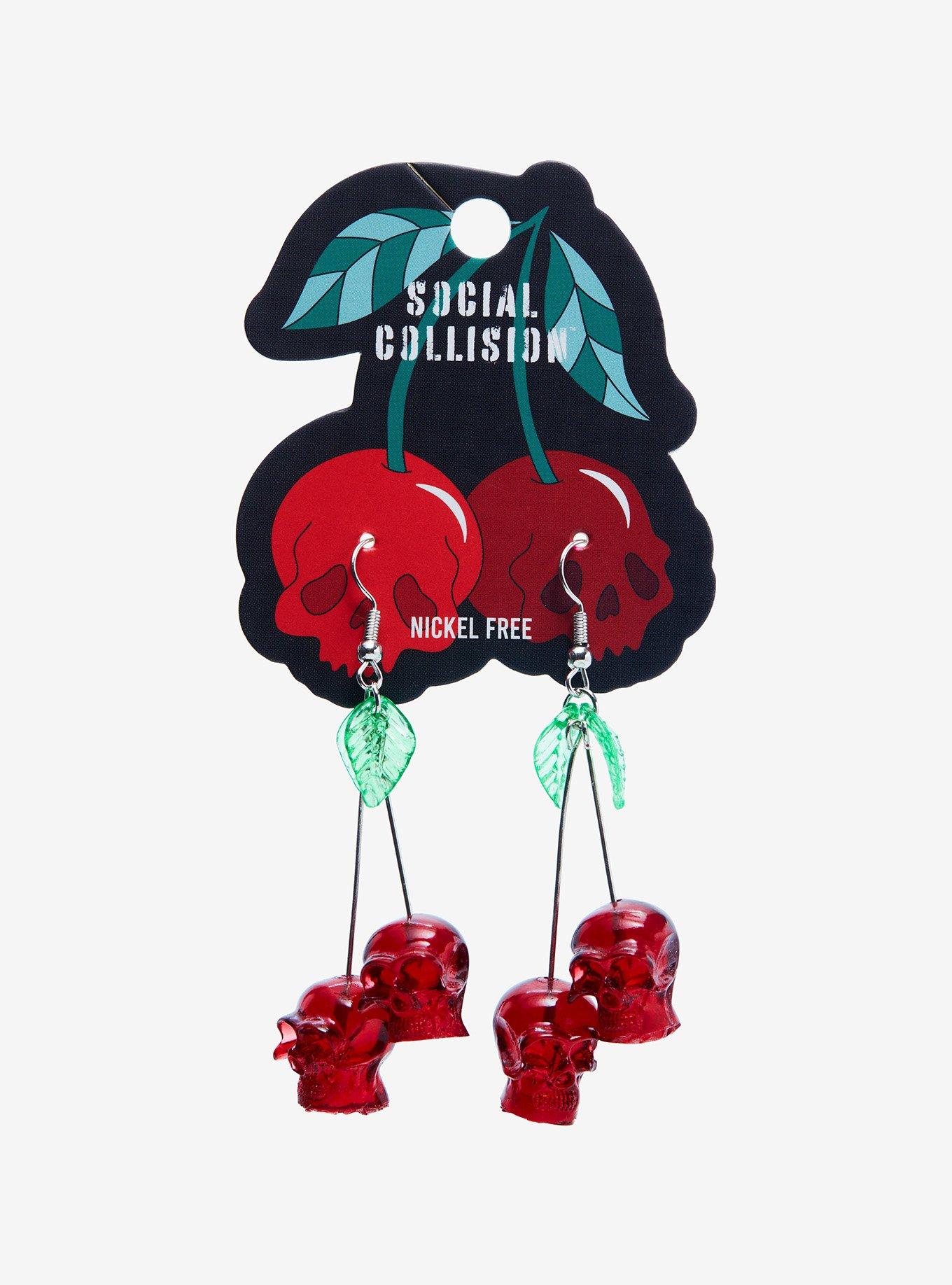 Social Collision Skull Cherry Earrings, , hi-res