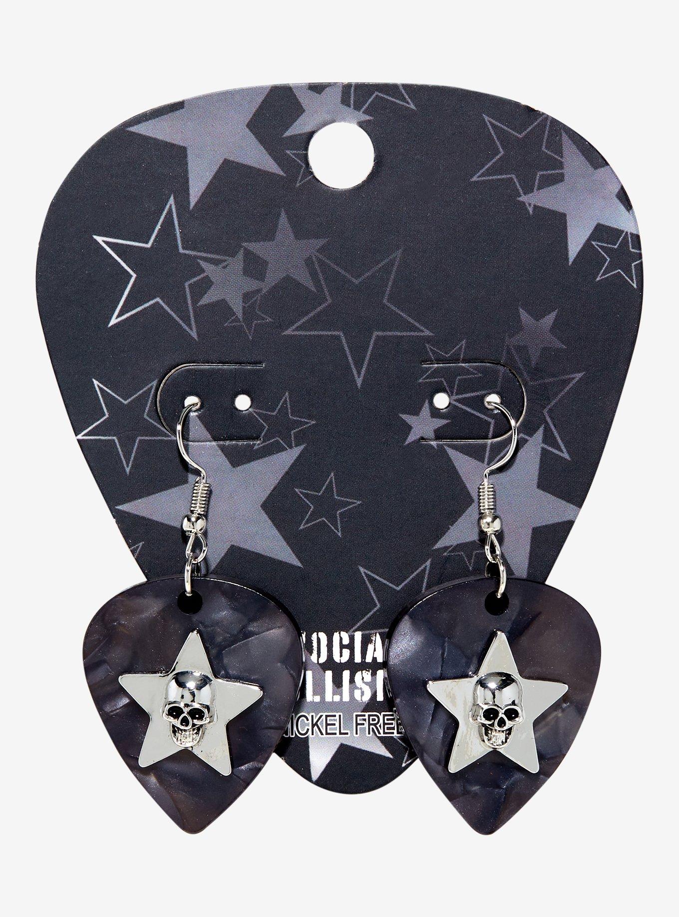 Social Collision&reg; Skull Guitar Pick Drop Earrings, , hi-res