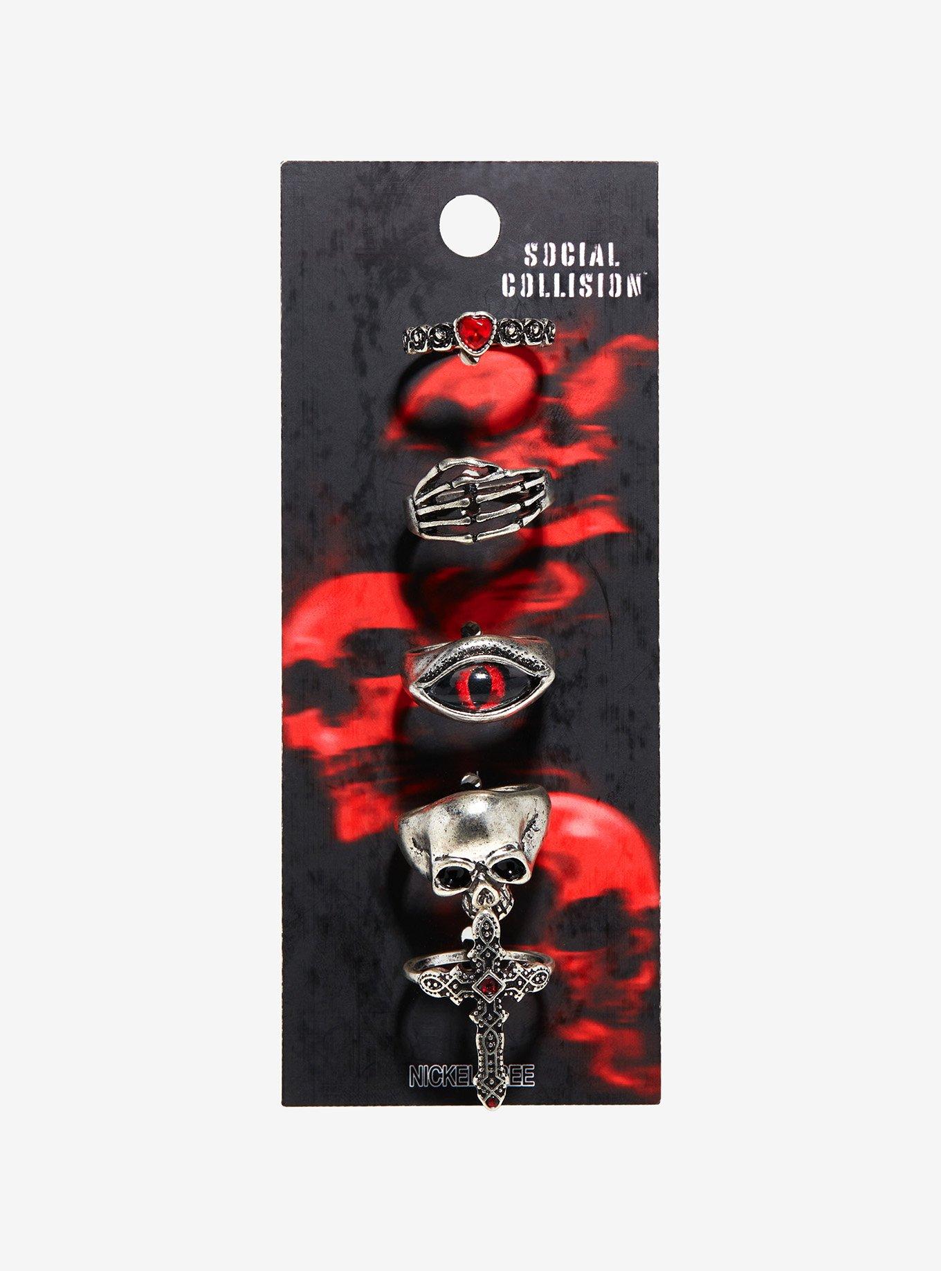 Social Collision Red Eye Goth Ring Set, , hi-res