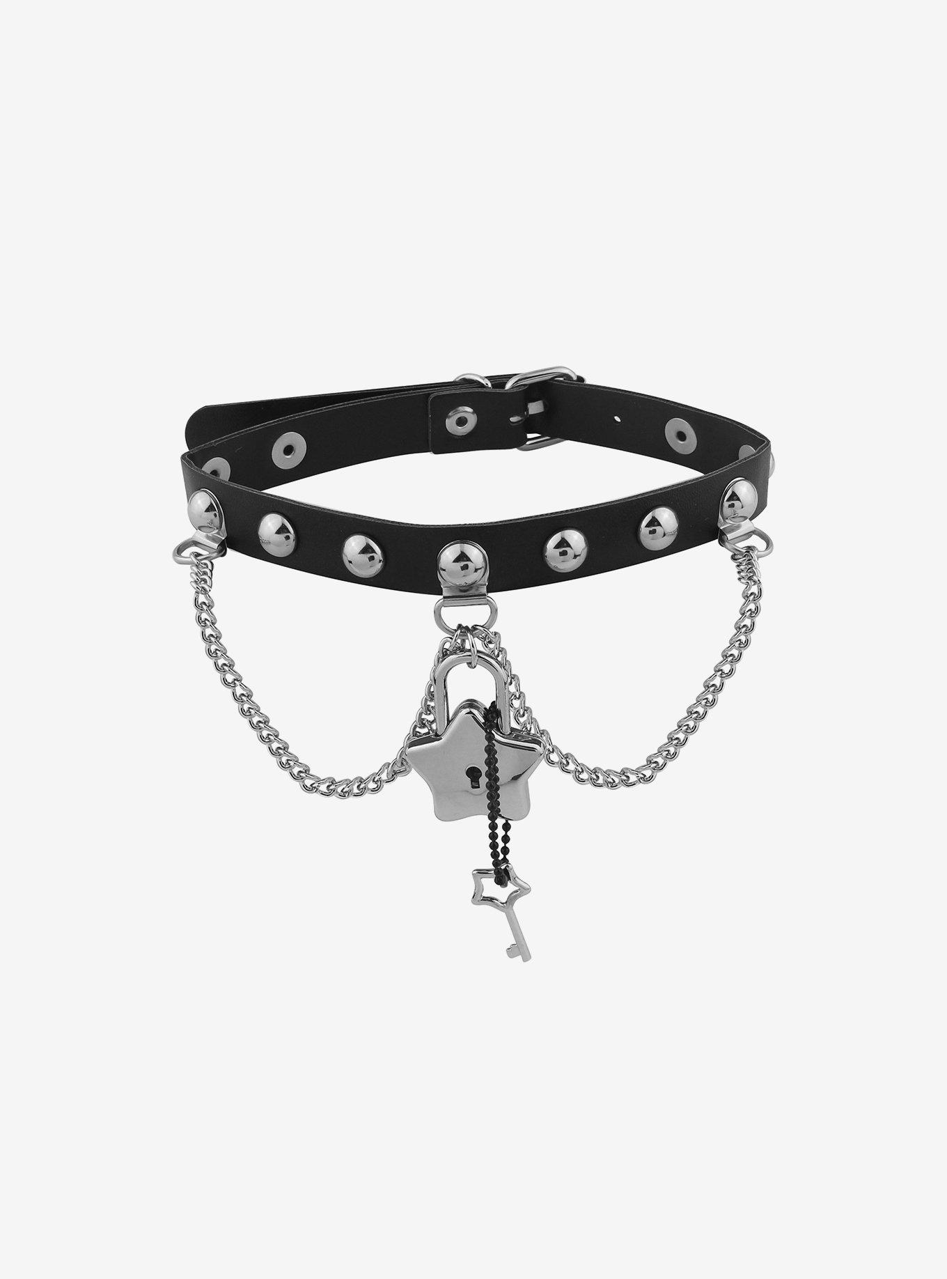 Social Collision® Star-Shaped Padlock Studded Choker, , hi-res