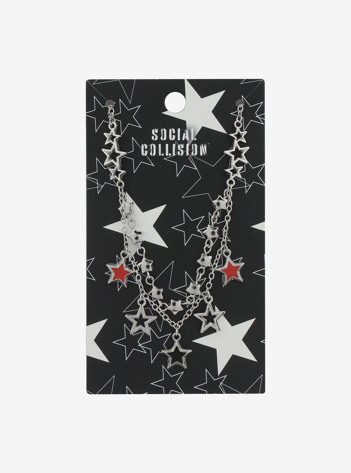 Social Collision Silver & Red Stars Chain Necklace, , hi-res