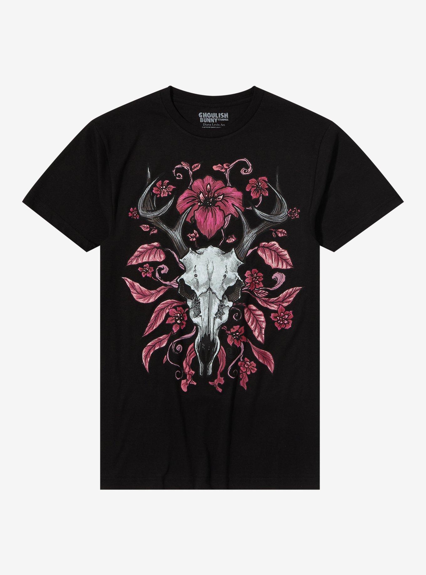 Deer Skull With Flowers T-Shirt By Ghoulish Bunny Studios, BLACK, hi-res
