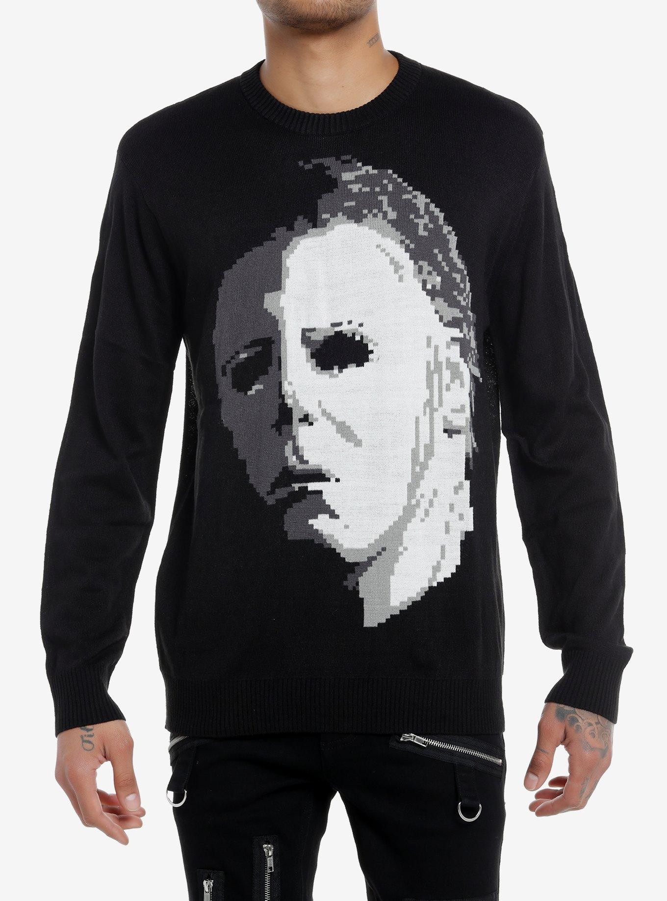 Halloween Michael Myers Mask Intarsia Sweater, BLACK, hi-res
