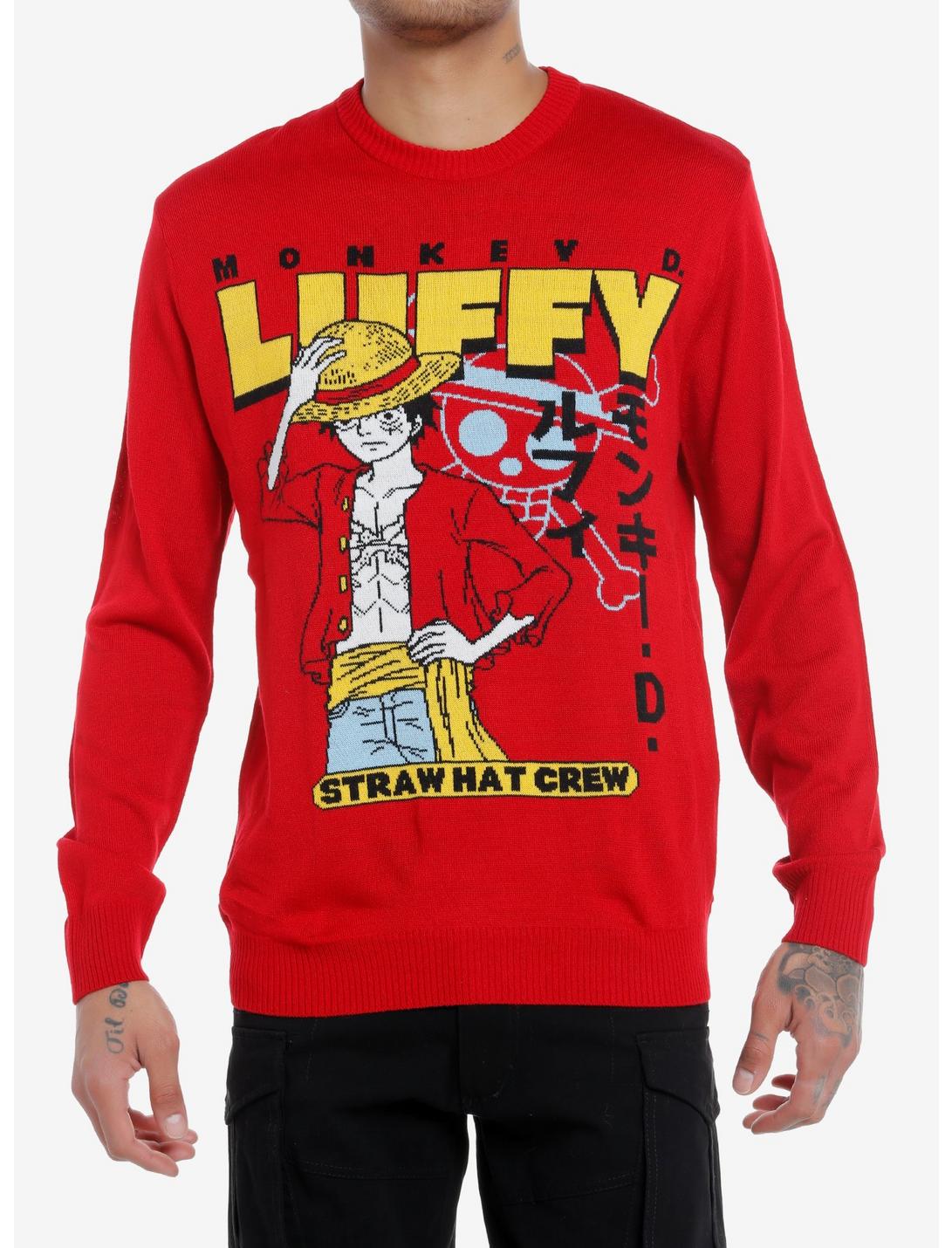 One Piece Luffy Intarsia Knit Sweater, RED, hi-res