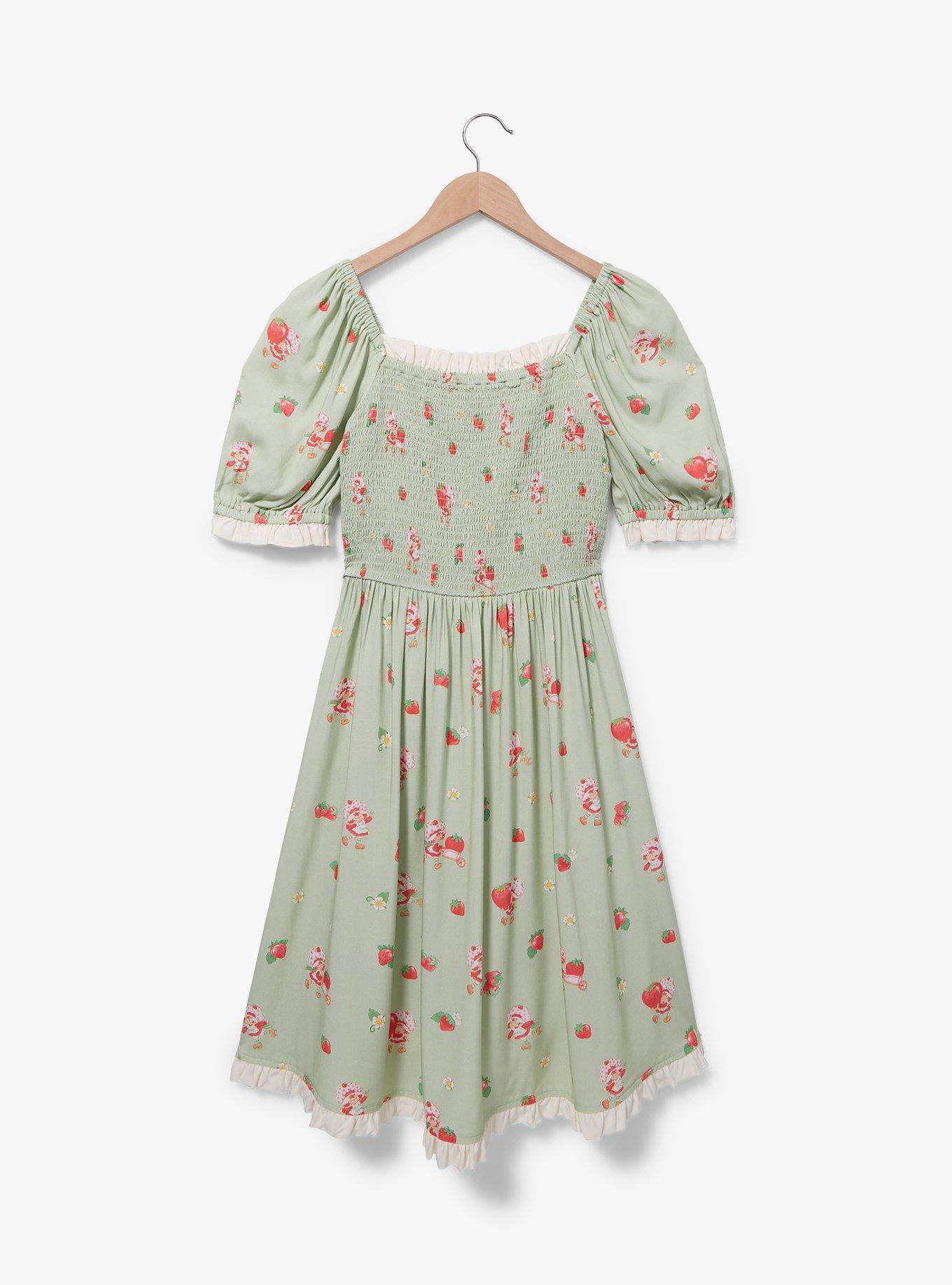 Strawberry Shortcake Allover Print Smock Dress - BoxLunch Exclusive, LIGHT GREEN, hi-res