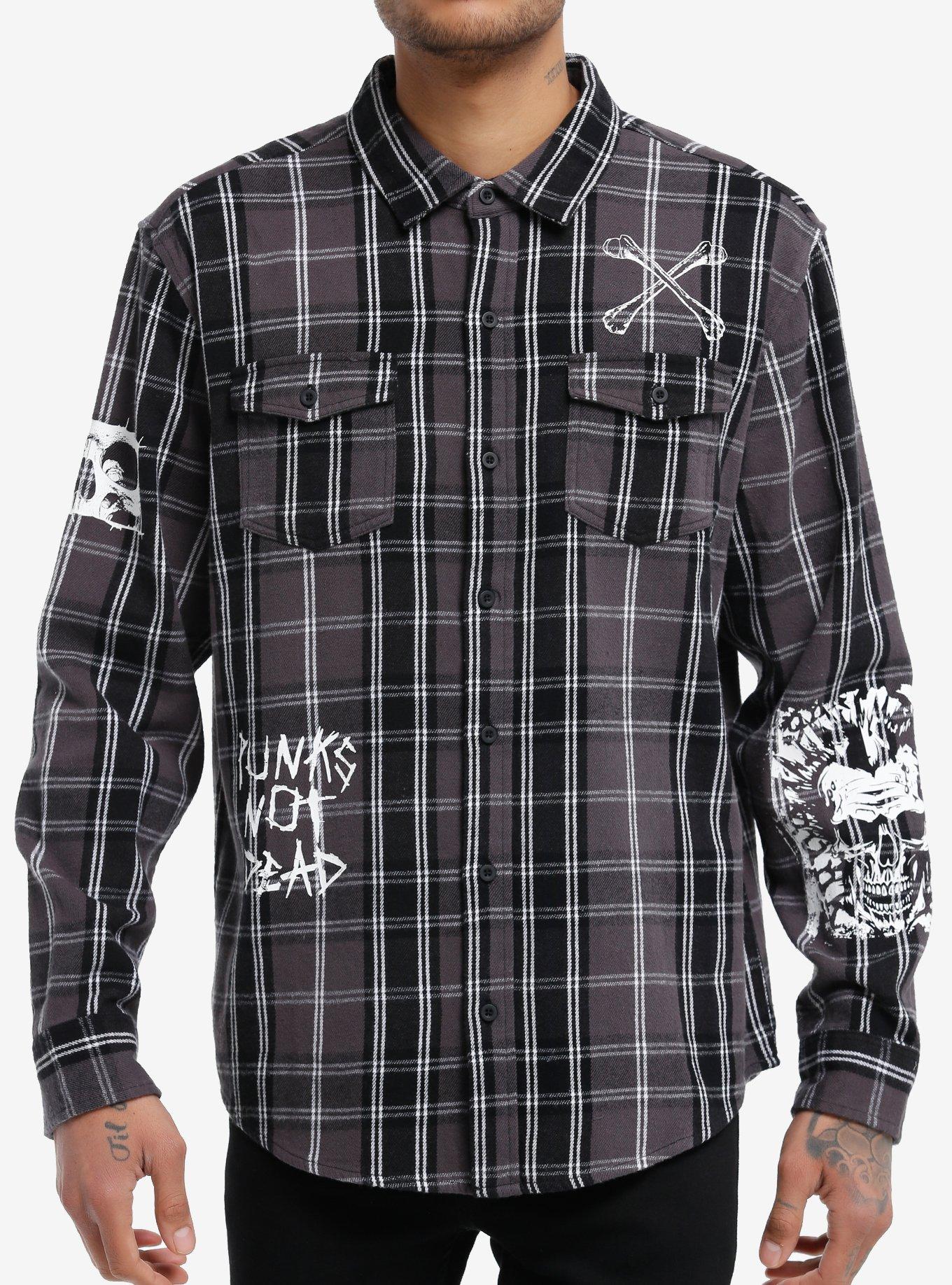 Social Collision® Black & White Plaid Punk Icons Long-Sleeve Woven Button-Up, , hi-res