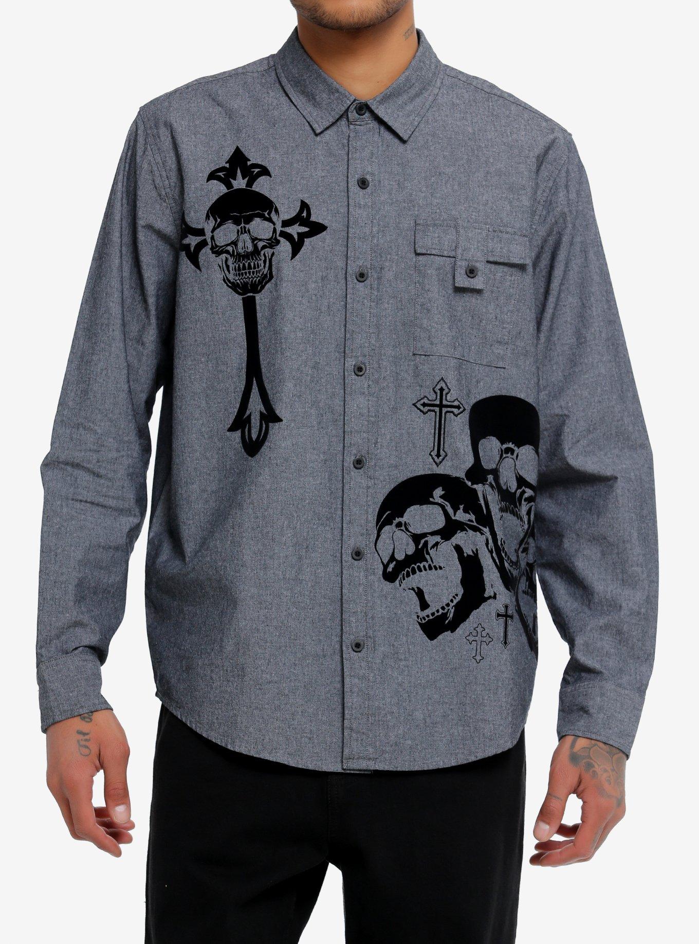 Social Collision® Black Flocked Skull Long-Sleeve Woven Button-Up