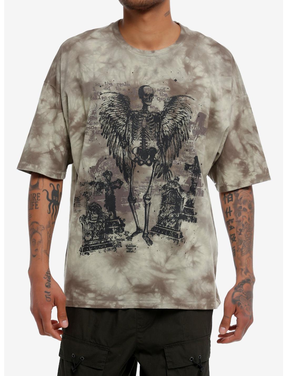 Thorn & Fable Winged Skeleton Cemetery Tie-Dye T-Shirt, GREY, hi-res