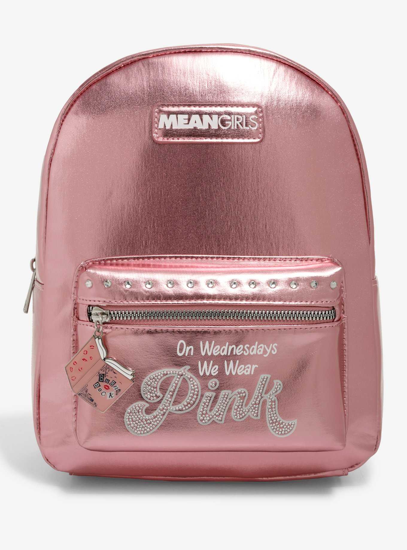 Mean Girls On Wednesdays We Wear Pink Metallic Mini Backpack, , hi-res