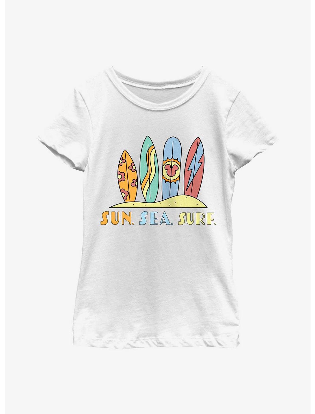 Disney Mickey Mouse Sun Sea Surf Boards Youth Girls T-Shirt, WHITE, hi-res