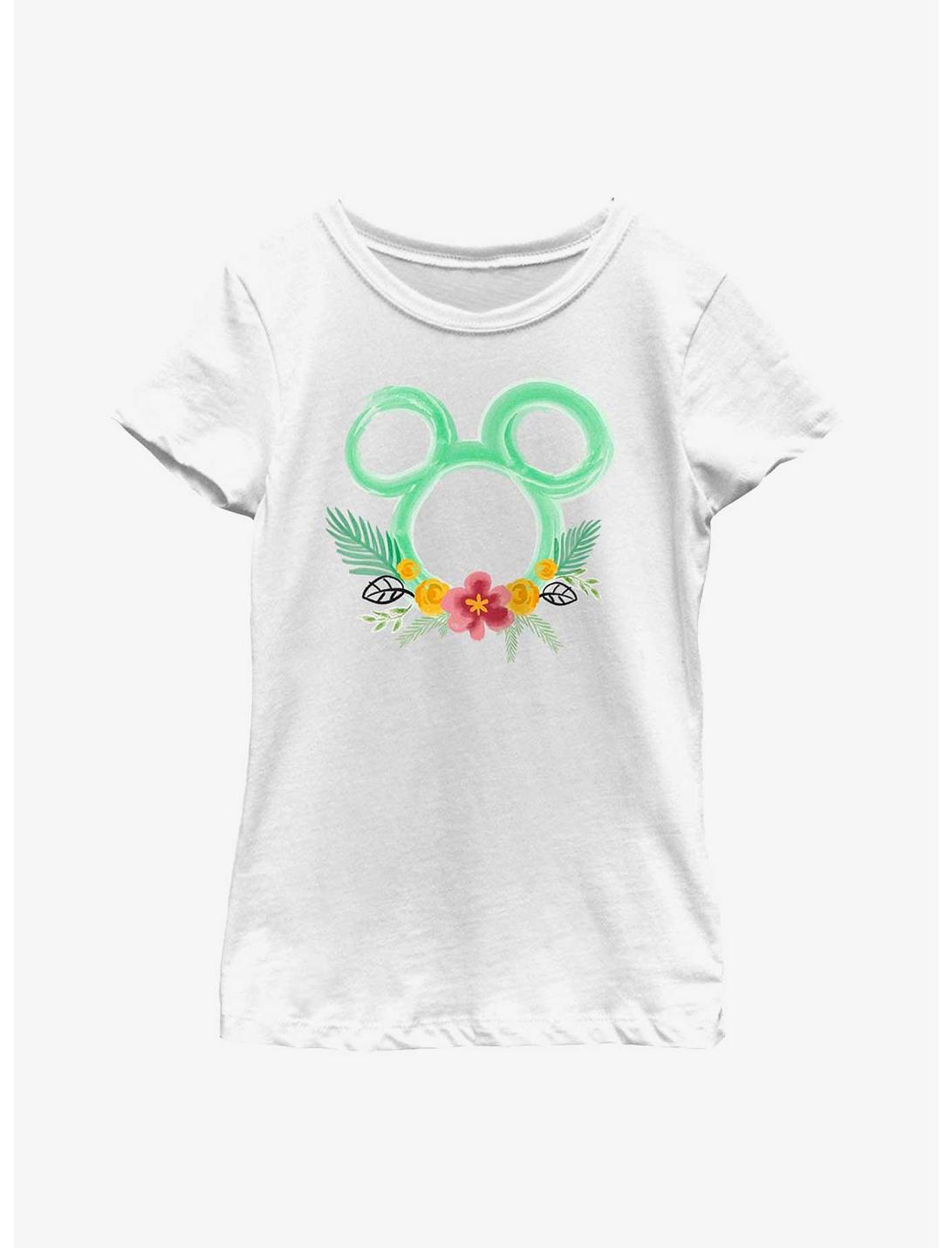Disney Mickey Mouse Head Outline Floral Youth Girls T-Shirt, WHITE, hi-res
