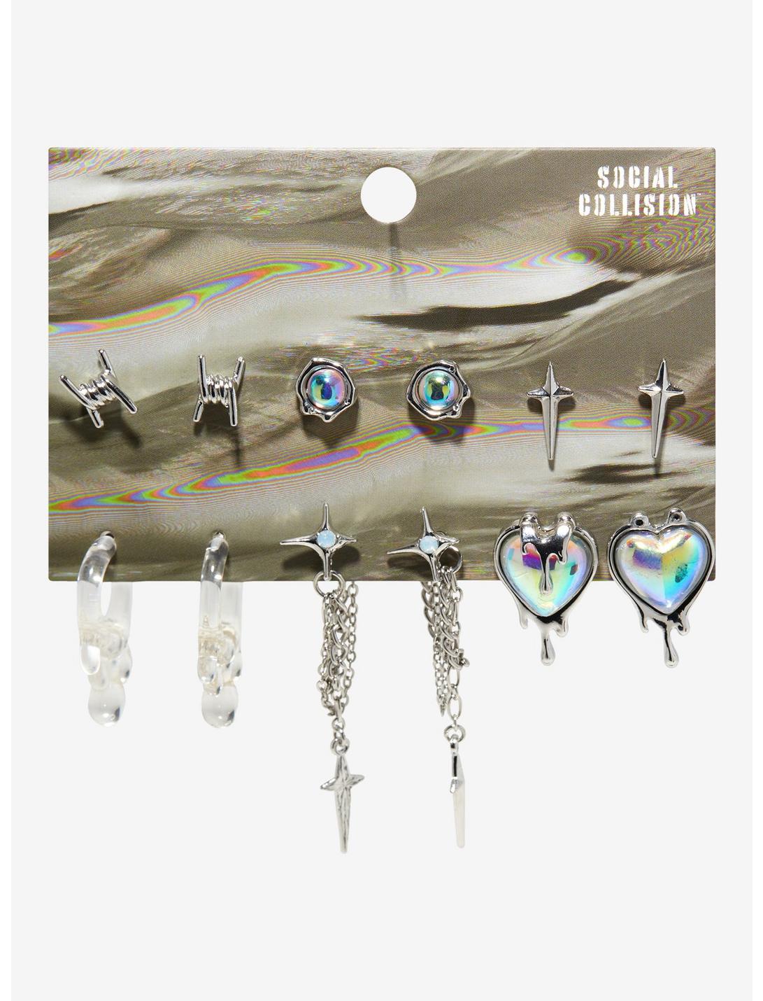Social Collision Metallic Drip Star Heart Earring Set, , hi-res
