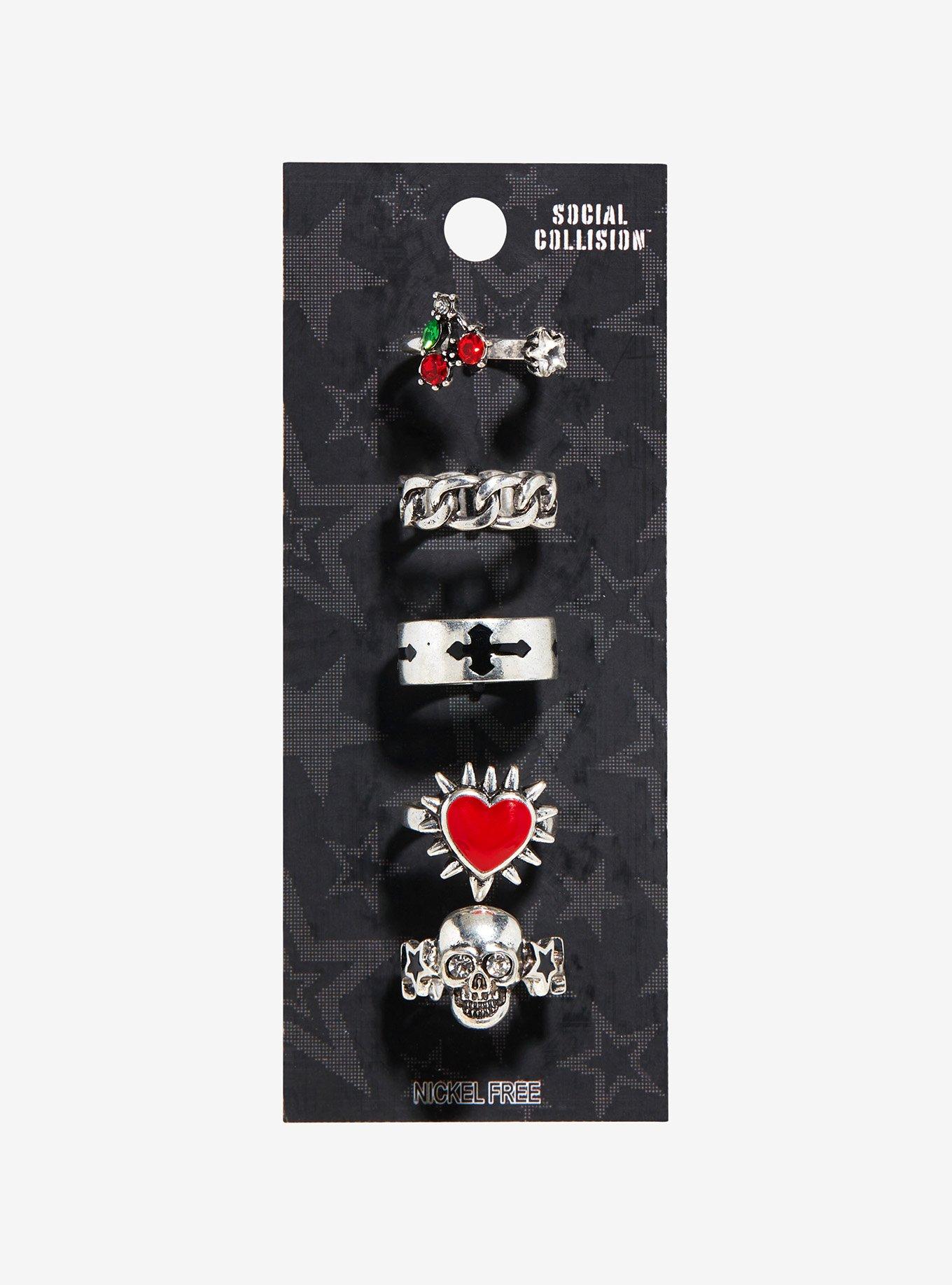 Social Collision® Cherry Heart Skull Ring Set, , hi-res