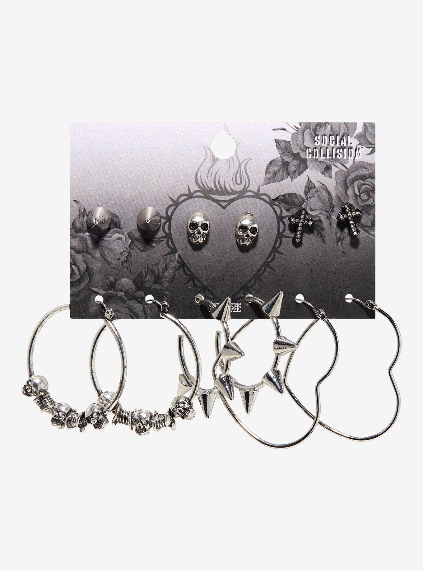 Social Collision Skull Spike Earring Set, , hi-res