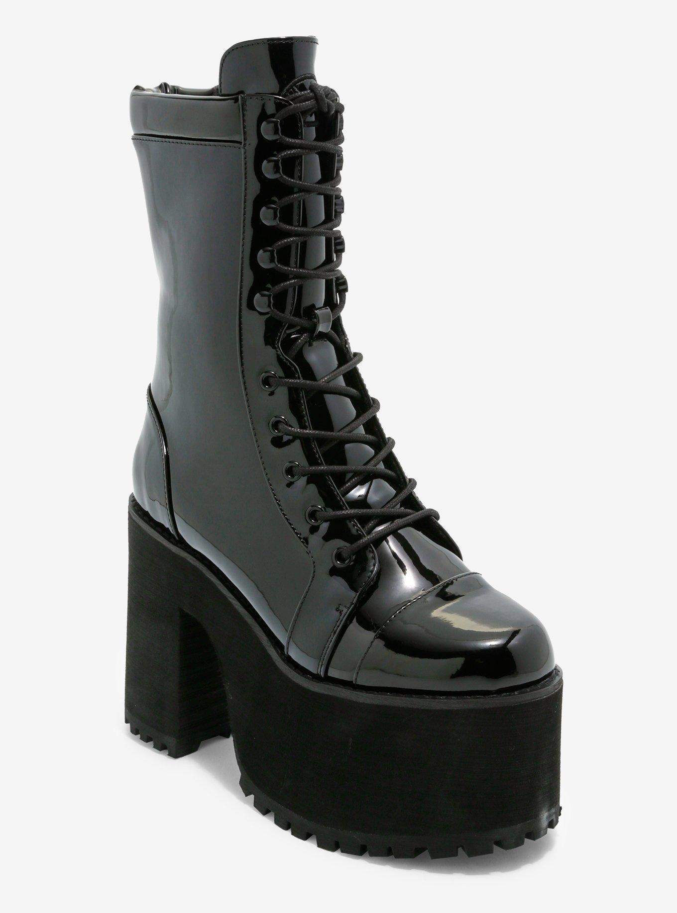 Strange Cvlt Shiny Black Raven Platform Boots, MULTI, hi-res