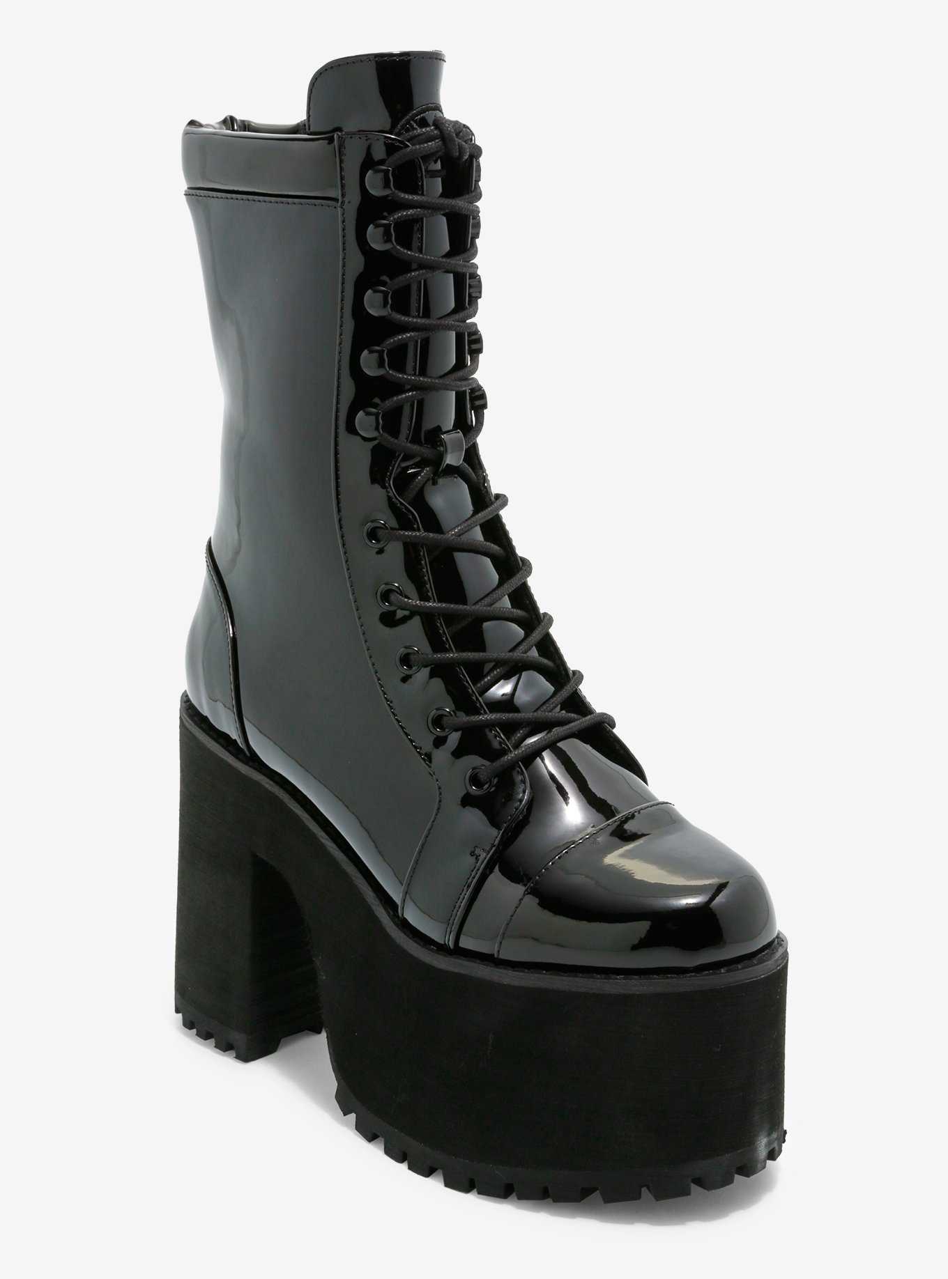 Strange Cvlt Shiny Black Raven Platform Boots, , hi-res